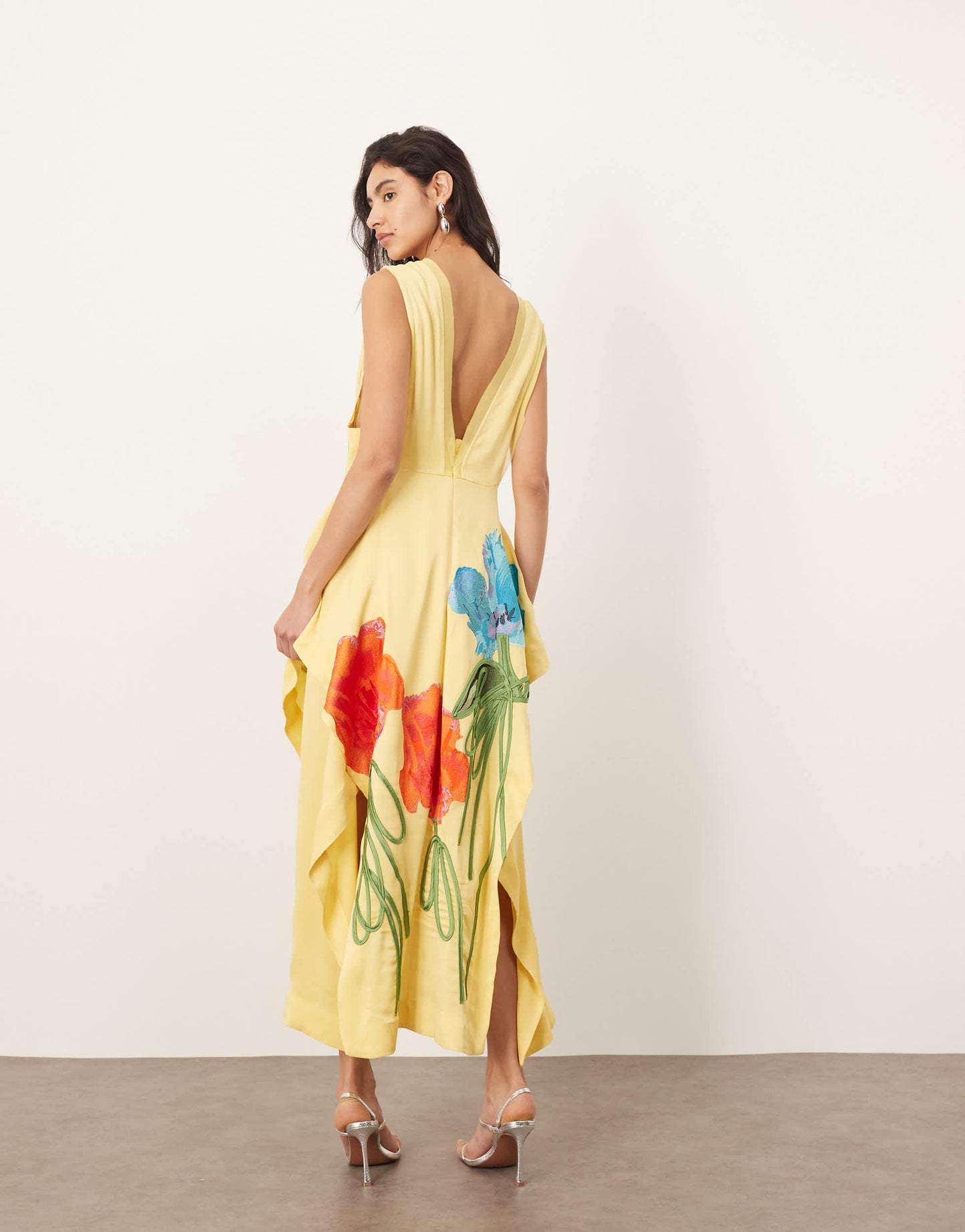 ARRANGE floral embroidered sleeveless midi dress with side splits in yellow