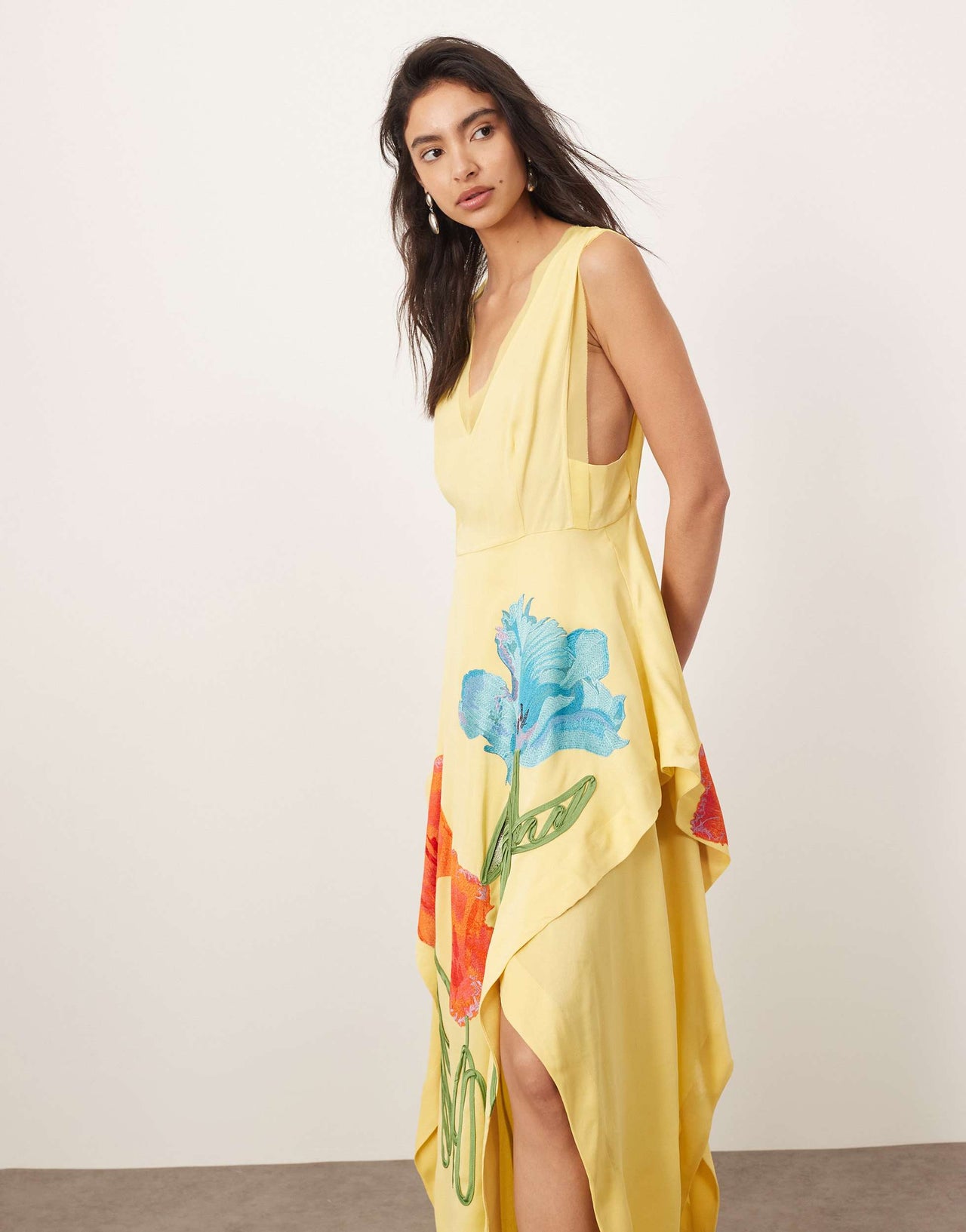 ARRANGE floral embroidered sleeveless midi dress with side splits in yellow