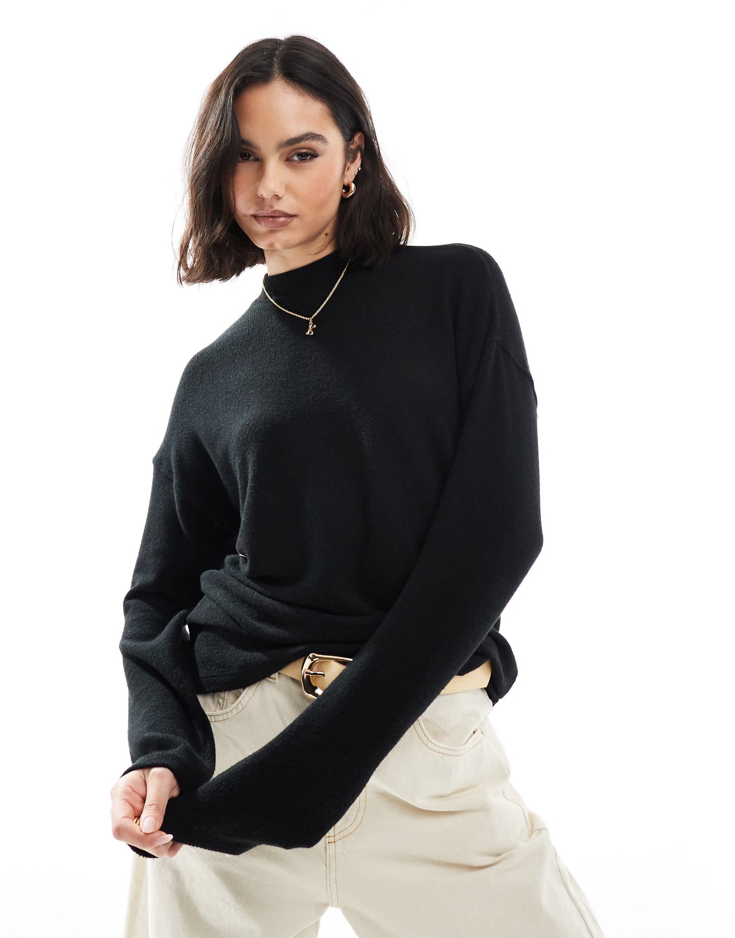 Pull&Bear soft touch long sleeve top co-ord in black