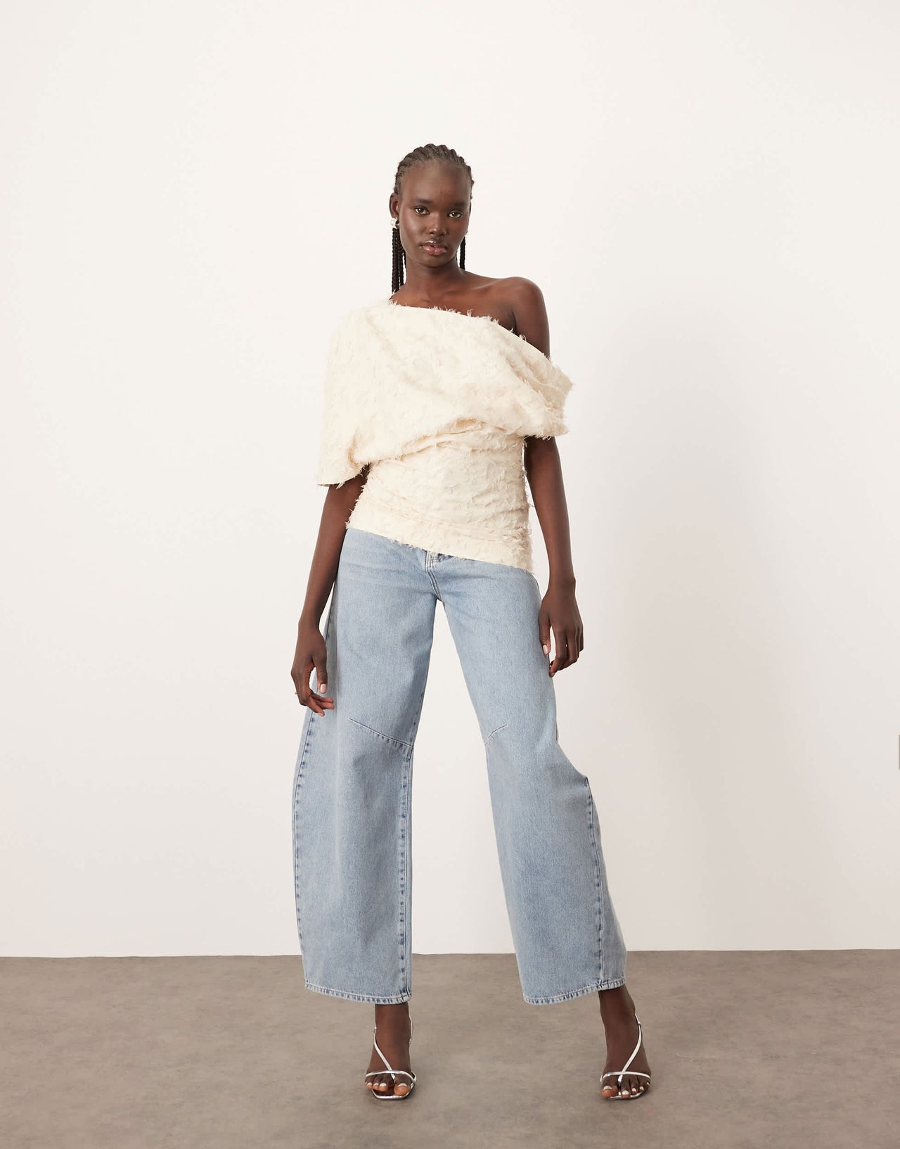 ARRANGE  draped off shoulder top in texture in cream