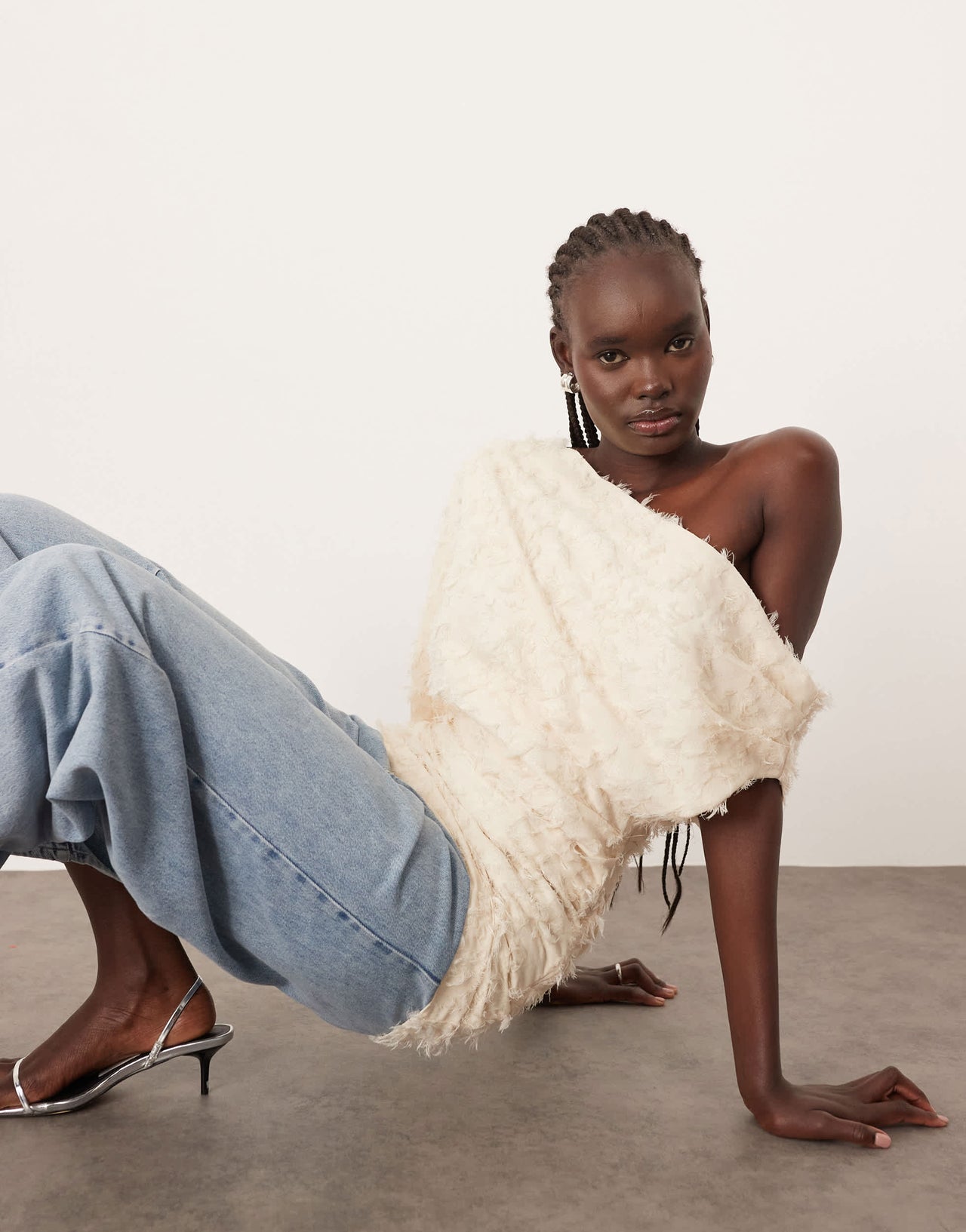 ARRANGE  draped off shoulder top in texture in cream