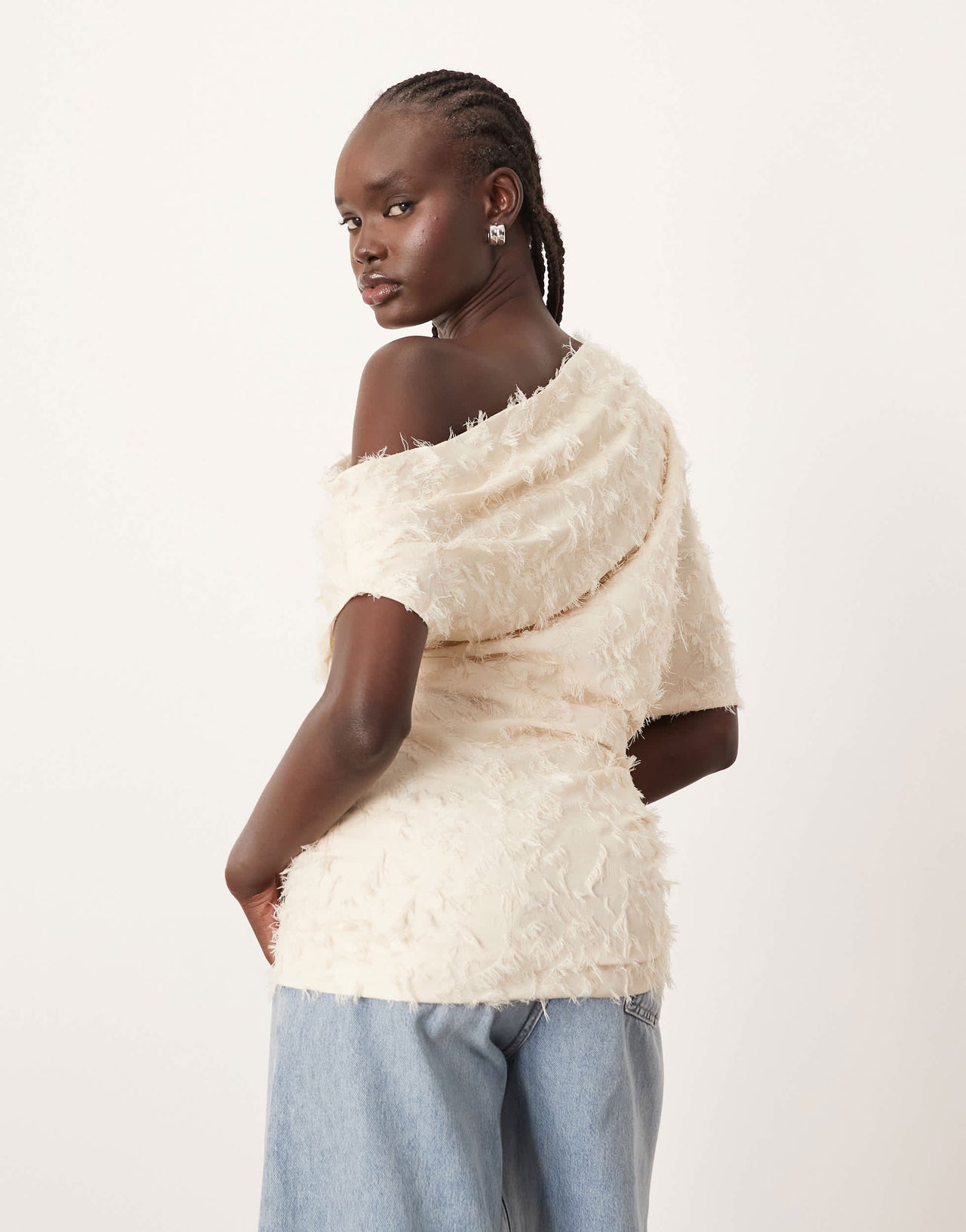 ARRANGE  draped off shoulder top in texture in cream