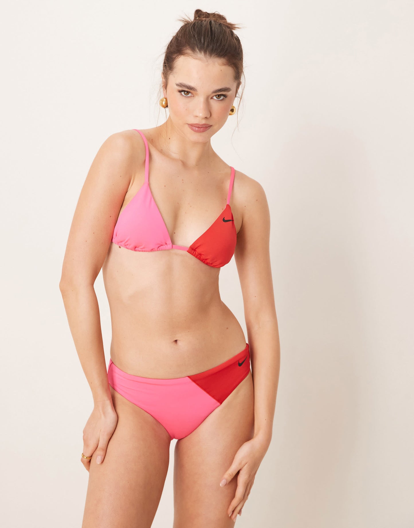 Nike colourblock hipster bikini bottom in red and pink
