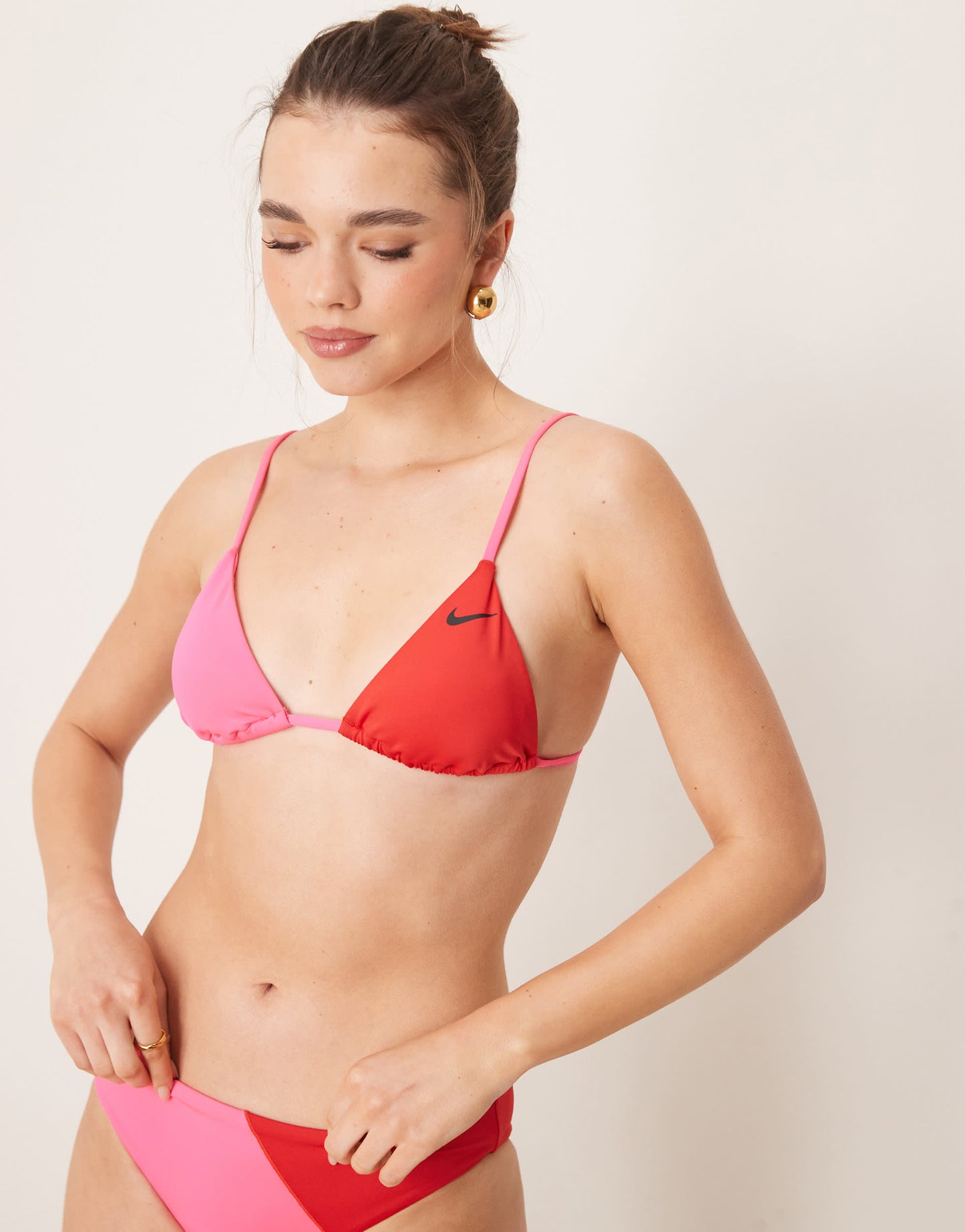 Nike colourblock triangle bikini top in red and pink