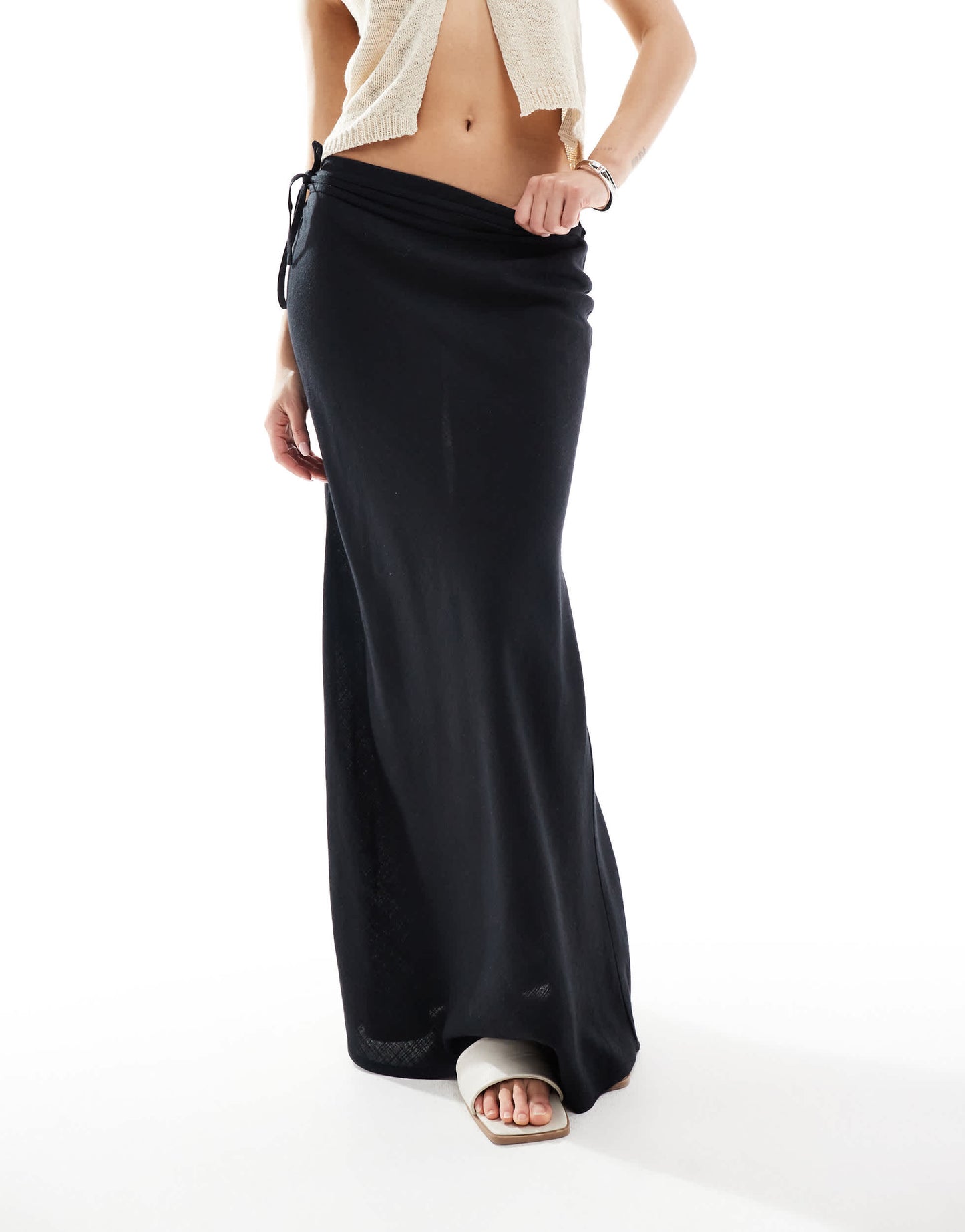 ASOS DESIGN linen blend bias maxi skirt in black