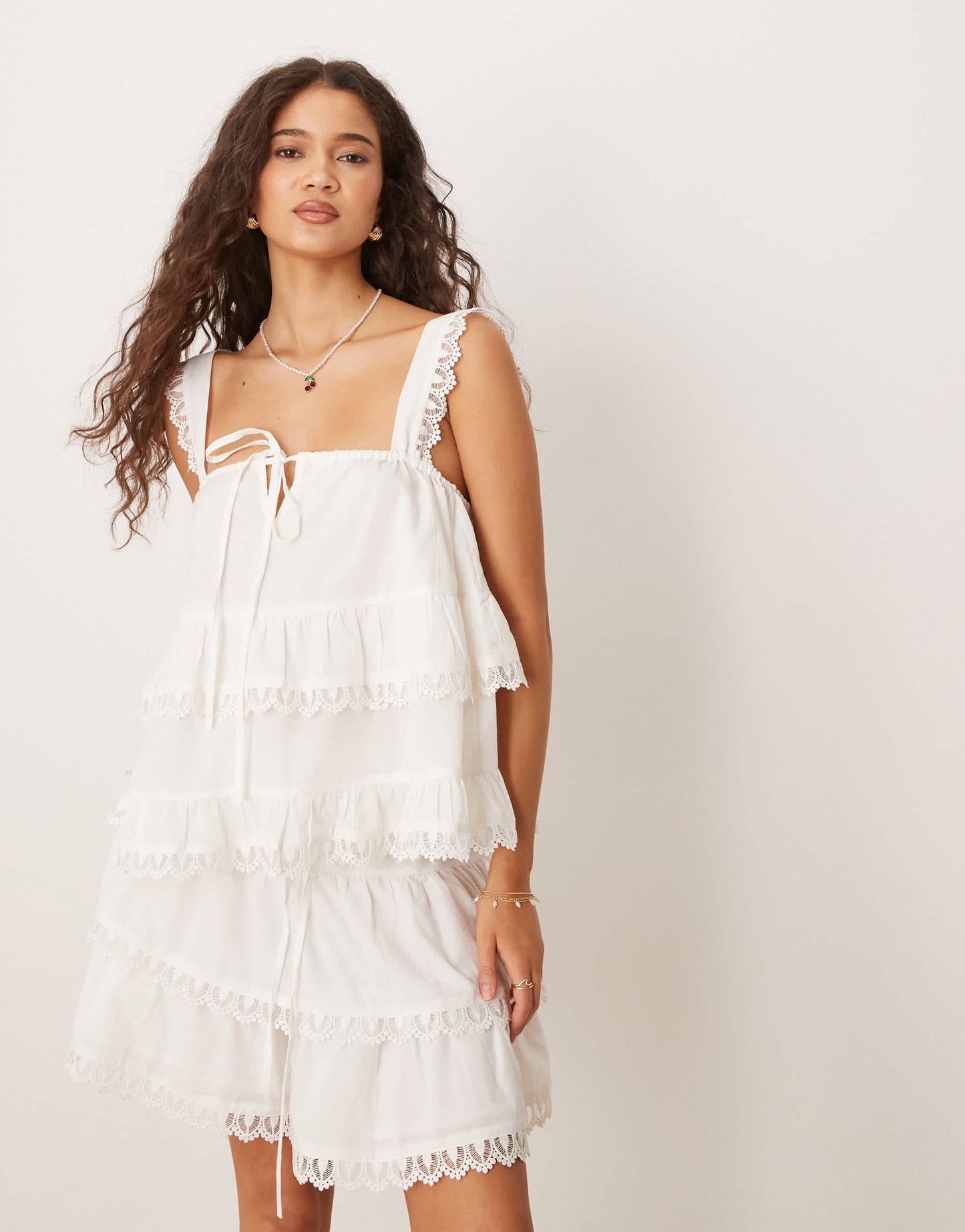 ASOS DESIGN tiered cami top with lace trim in white