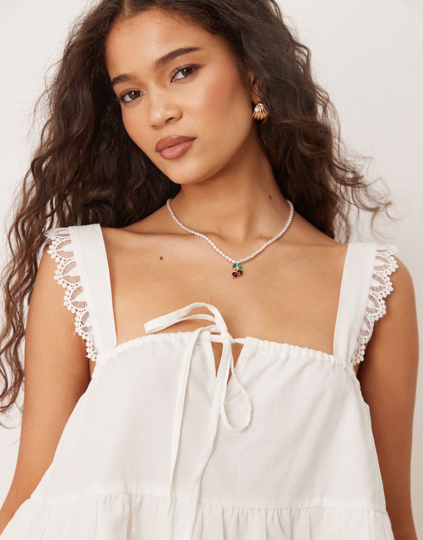 ASOS DESIGN tiered cami top with lace trim in white