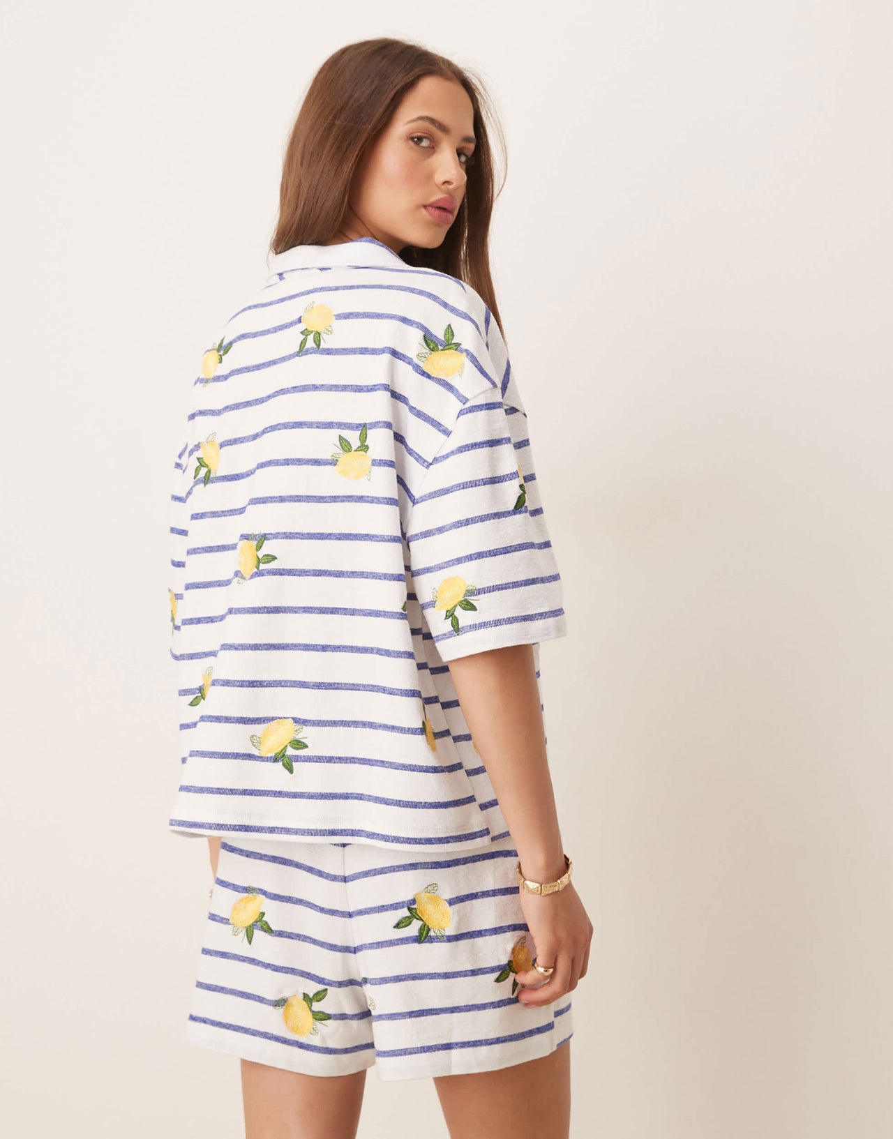 ASOS DESIGN revere stripe shirt with lemon embroidery