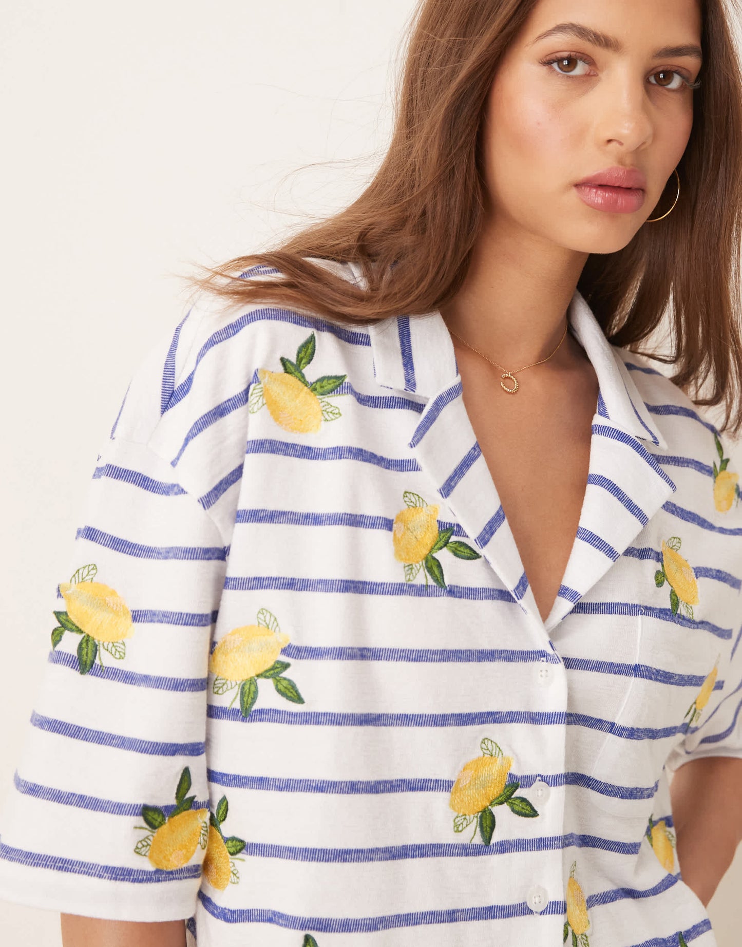 ASOS DESIGN revere stripe shirt with lemon embroidery