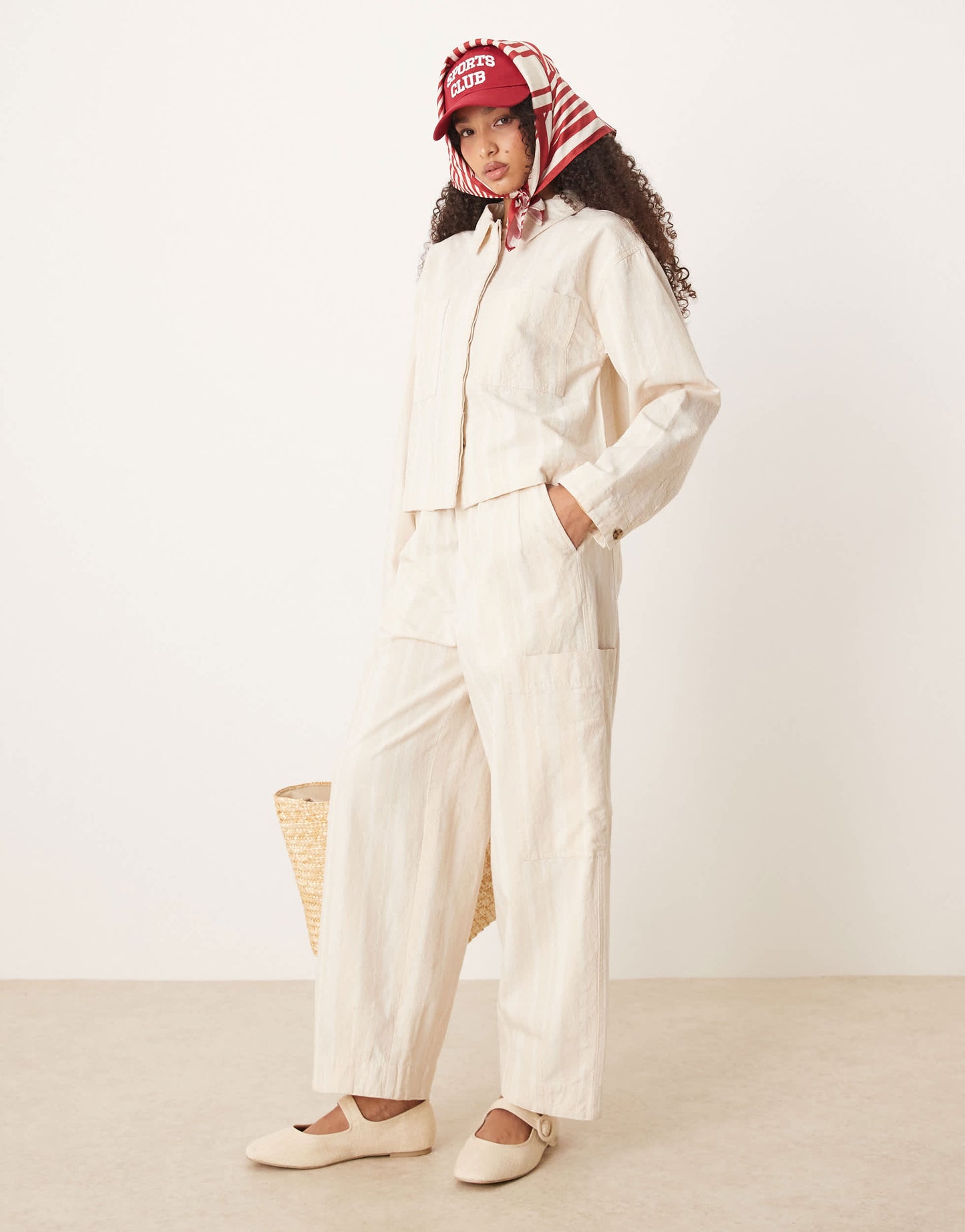 ASOS DESIGN cotton barrel leg trousers with utility pockets co-ord in ecru stripe