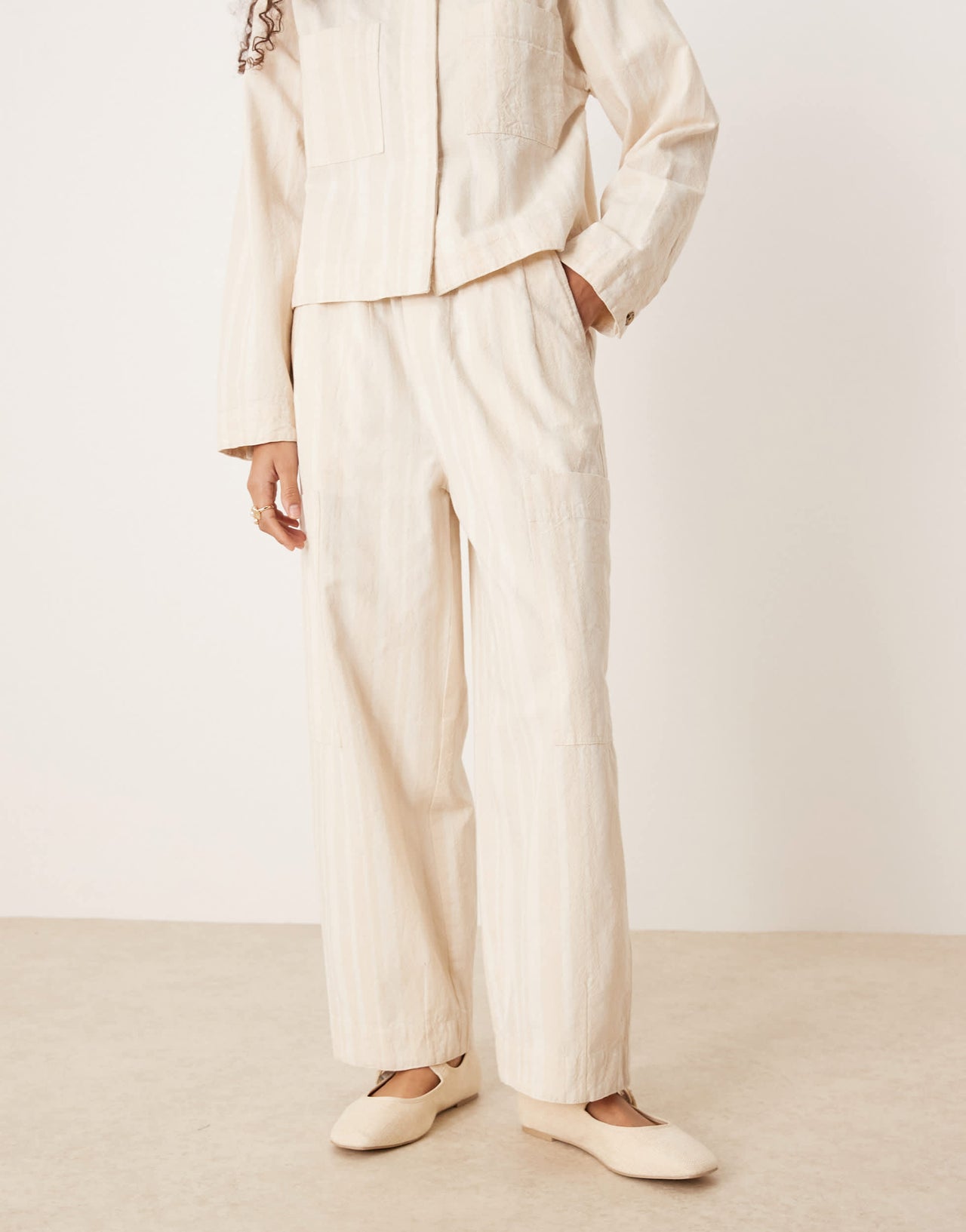 ASOS DESIGN cotton barrel leg trousers with utility pockets co-ord in ecru stripe