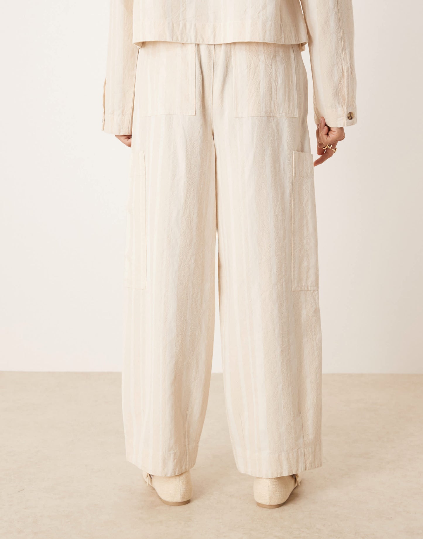 ASOS DESIGN cotton barrel leg trousers with utility pockets co-ord in ecru stripe