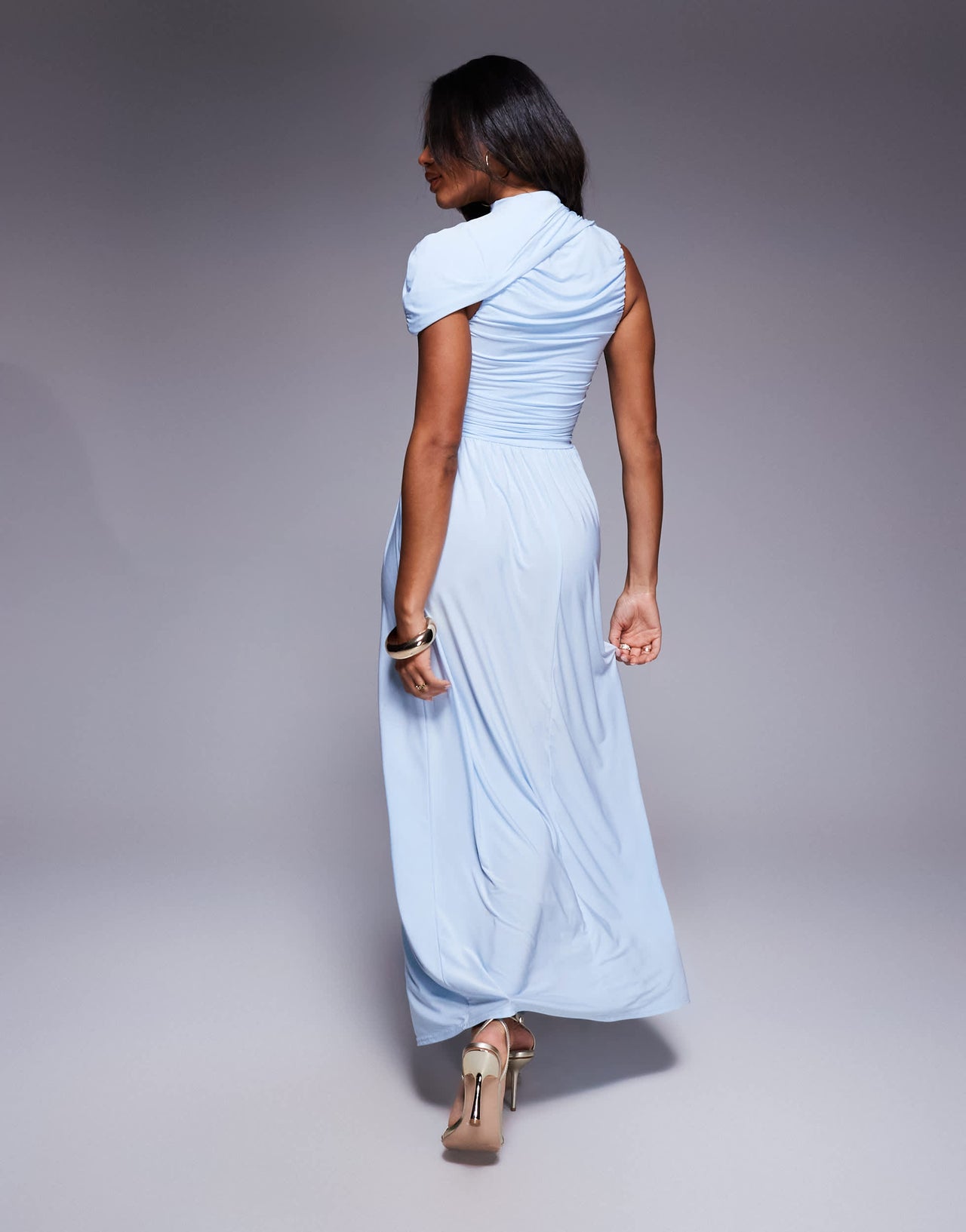 Kaiia exclusive double layered slinky asymmetrical drape maxi dress in dusty blue