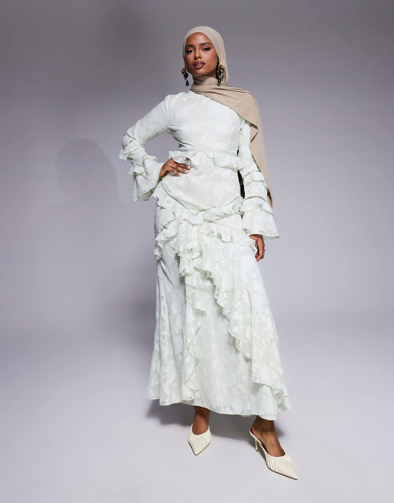 ASOS DESIGN jacquard ruffle long sleeve maxi dress in sage green