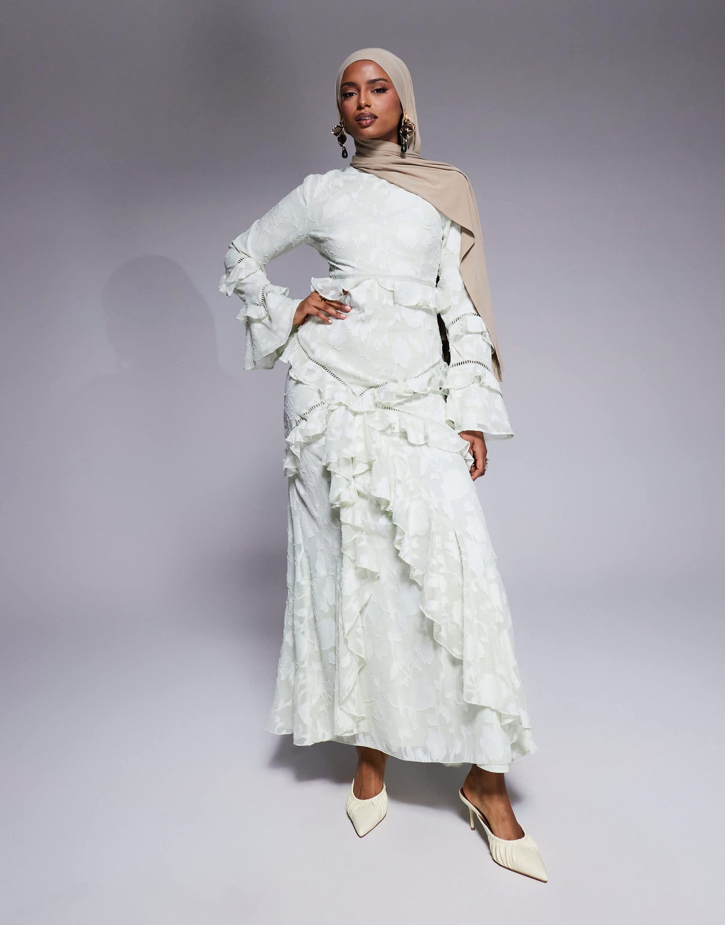 ASOS DESIGN jacquard ruffle long sleeve maxi dress in sage green