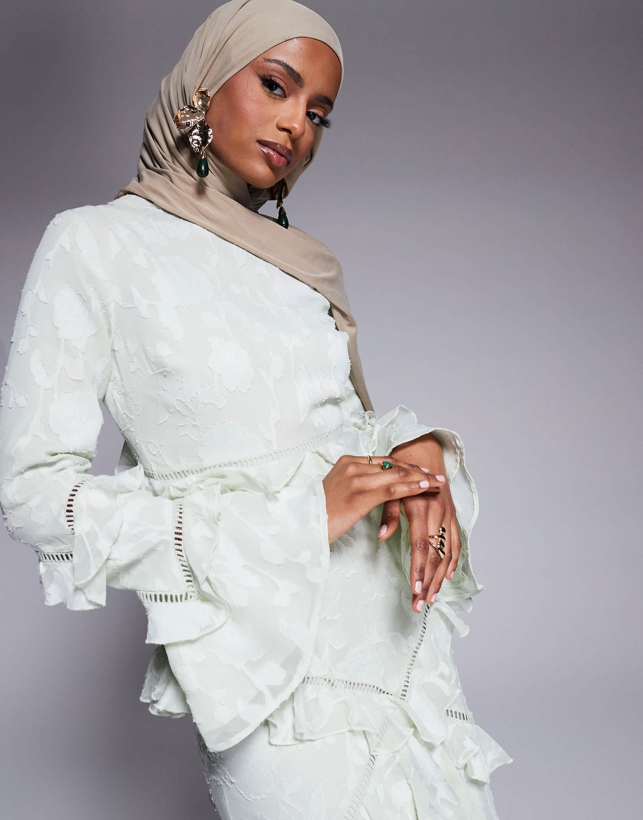 ASOS DESIGN jacquard ruffle long sleeve maxi dress in sage green
