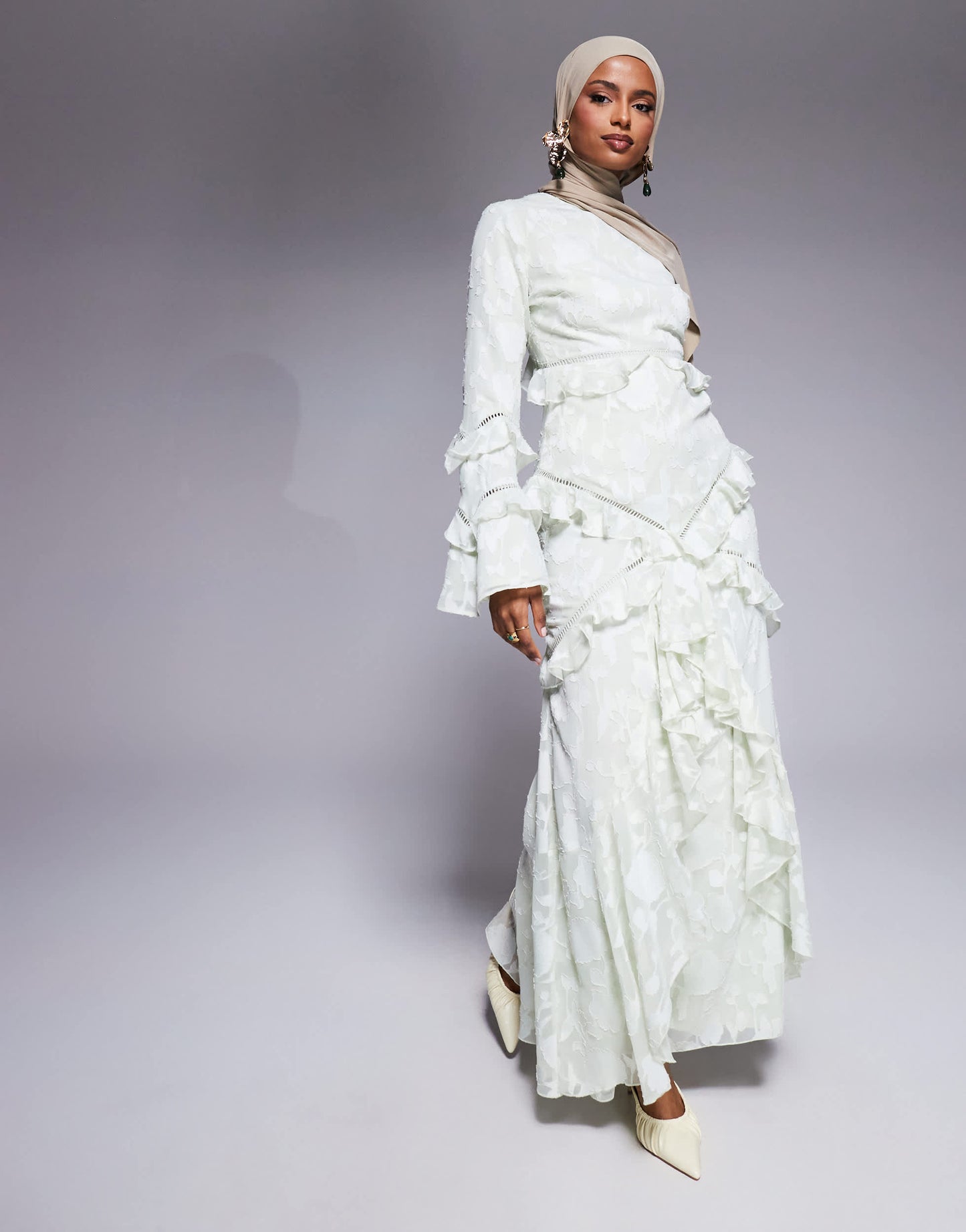 ASOS DESIGN jacquard ruffle long sleeve maxi dress in sage green