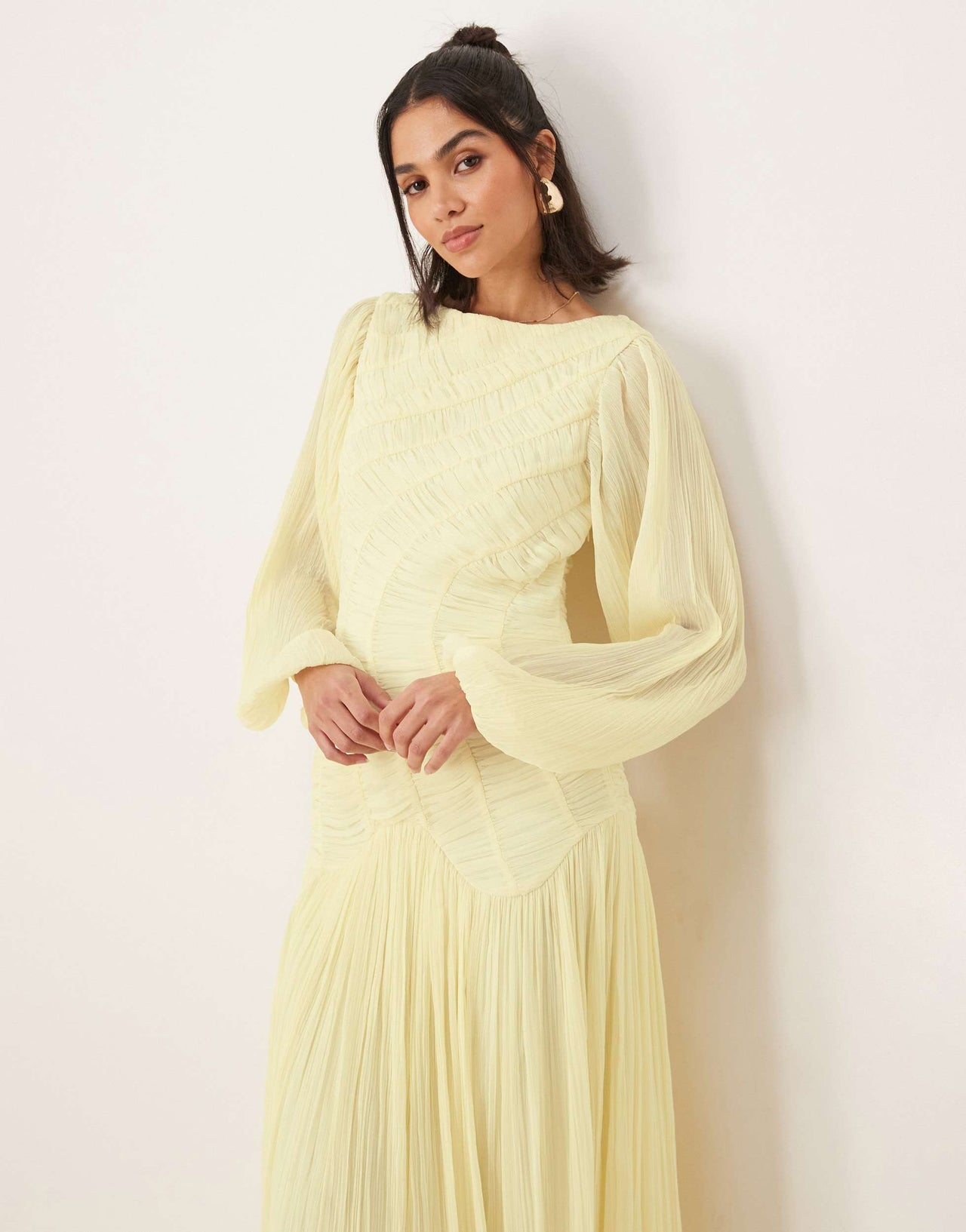 ASOS DESIGN long sleeve shirred crinkle maxi dress with dropped waist in lemon yellow