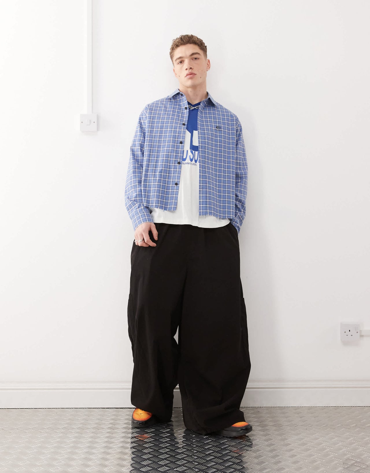 COLLUSION long sleeve check shirt in blue