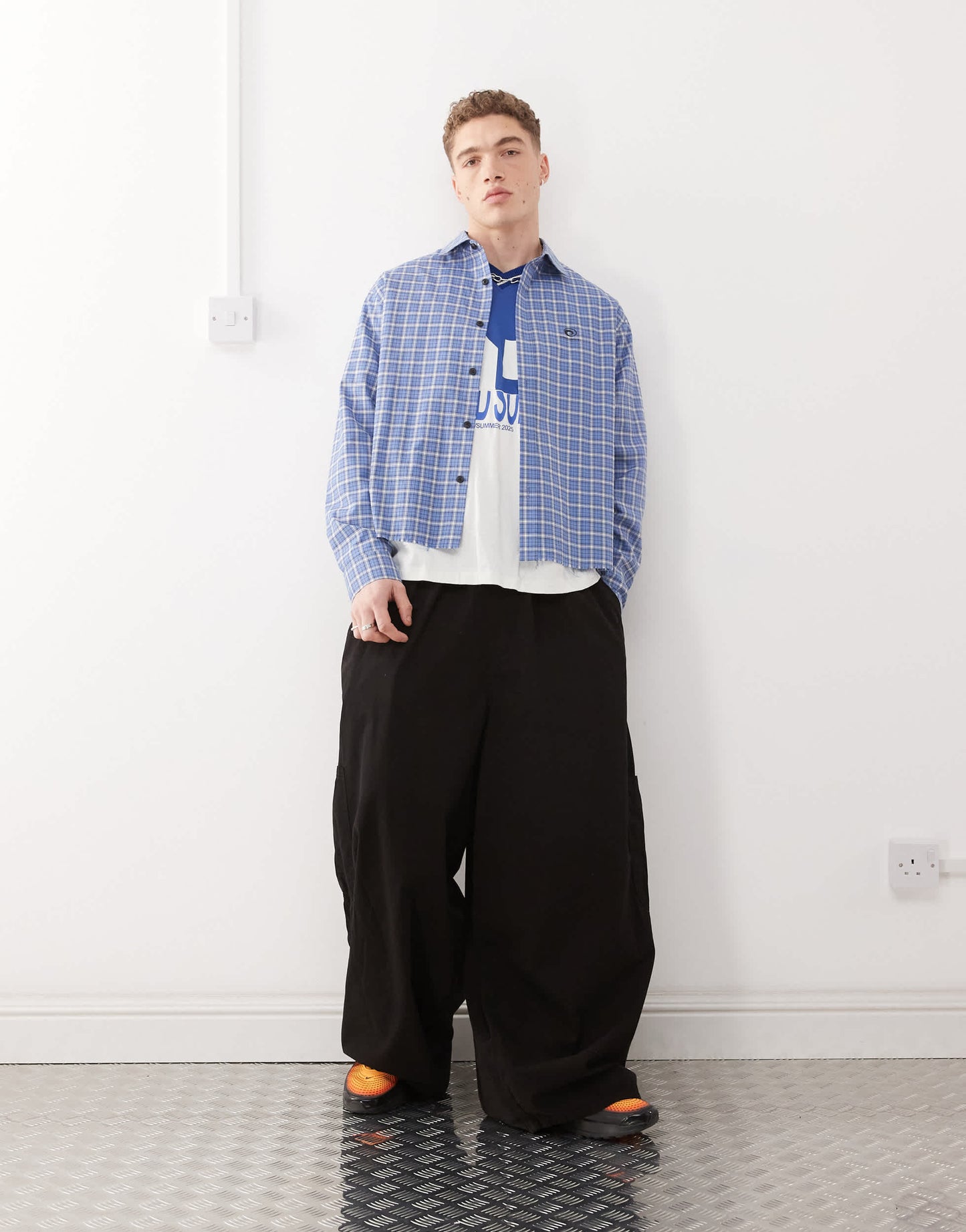 COLLUSION long sleeve check shirt in blue