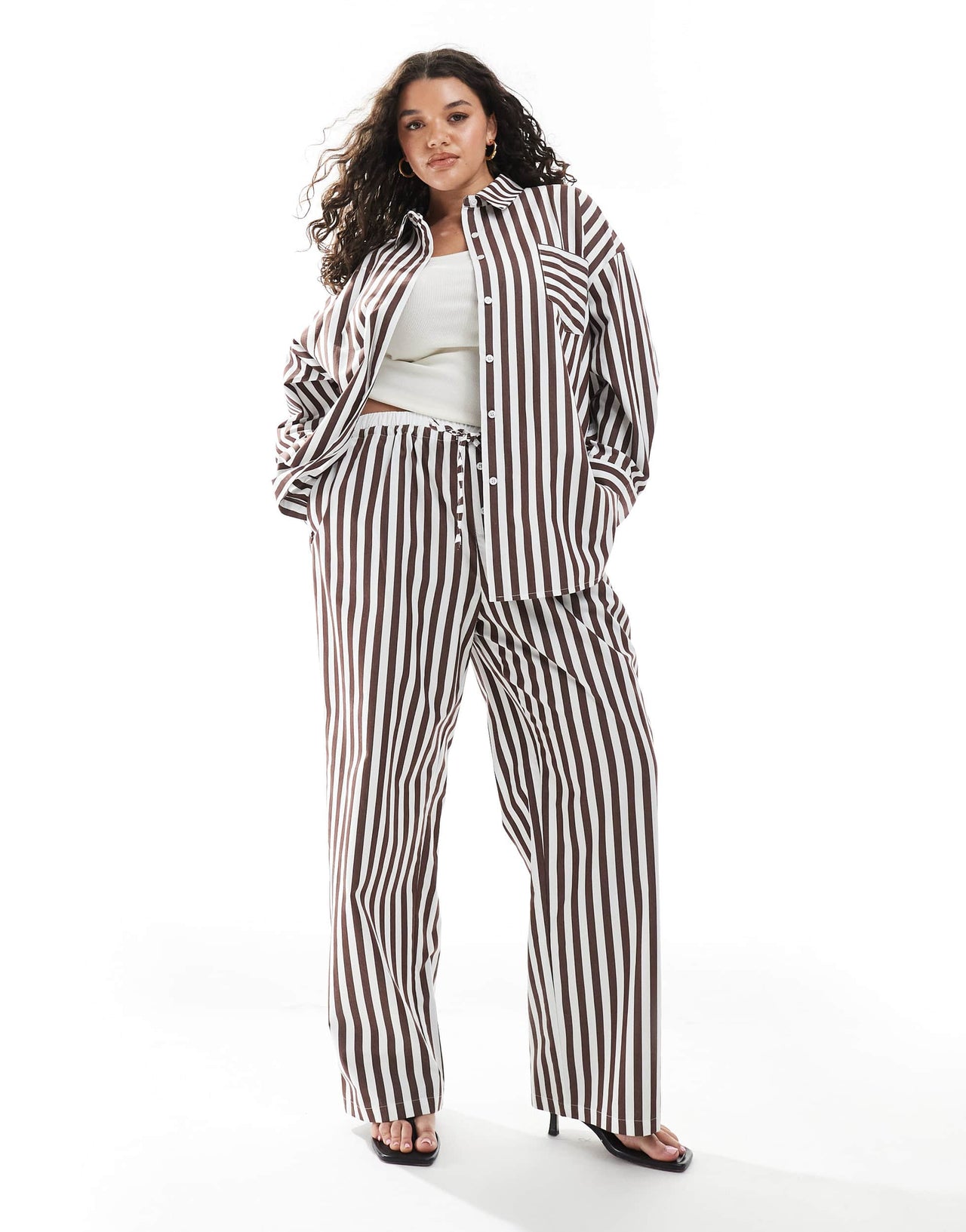 4th & Reckless Plus cotton wide leg boxer detail tie waist trouser co-ord in brown stripe