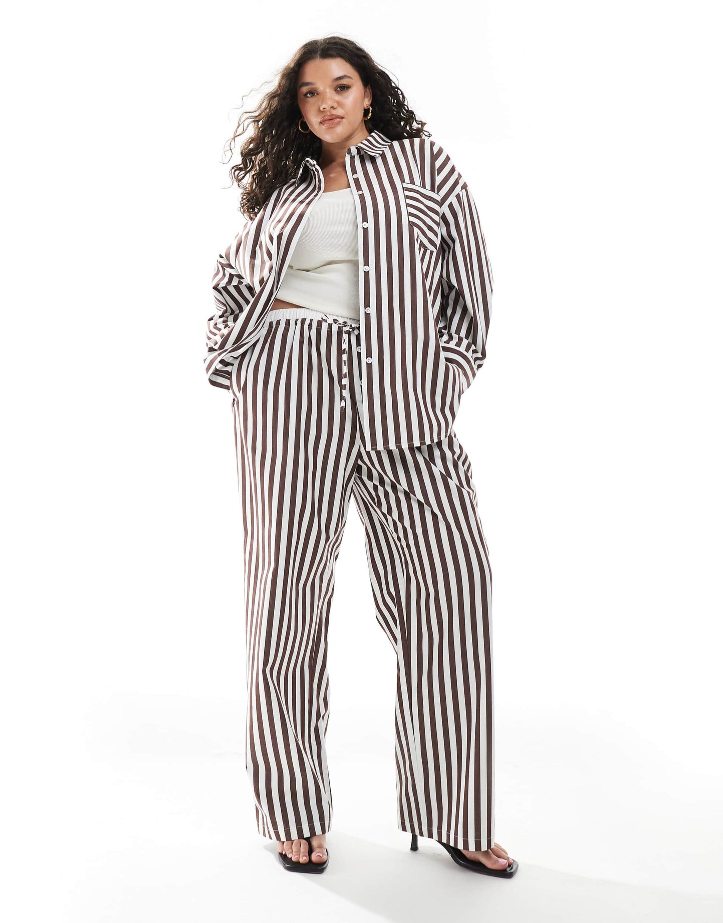 4th & Reckless Plus cotton wide leg boxer detail tie waist trouser co-ord in brown stripe