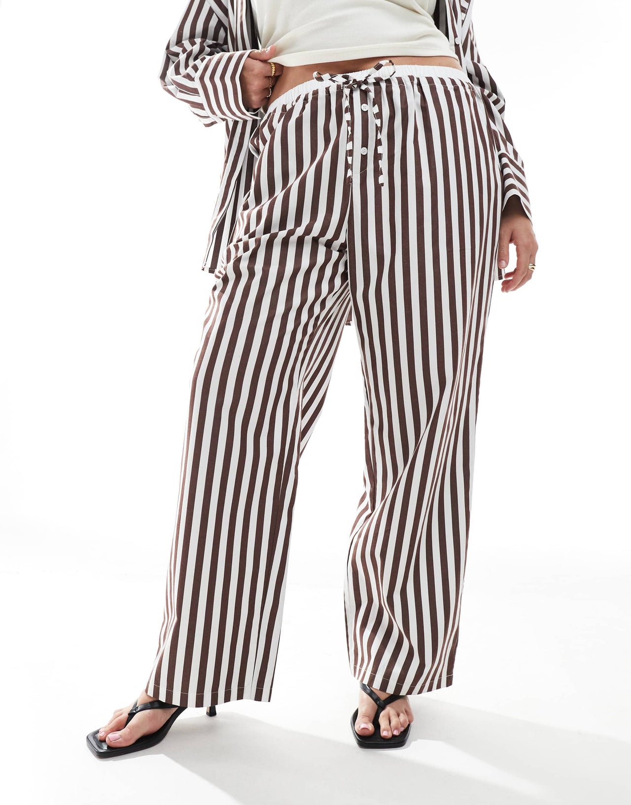 4th & Reckless Plus cotton wide leg boxer detail tie waist trouser co-ord in brown stripe