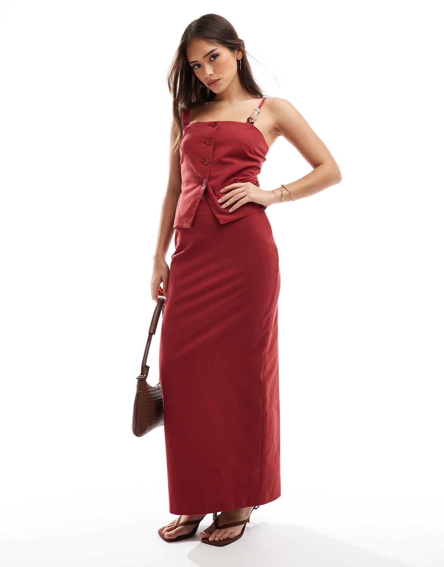 4th & Reckless bead detail linen look bandeau split front waistcoat co-ord in rust
