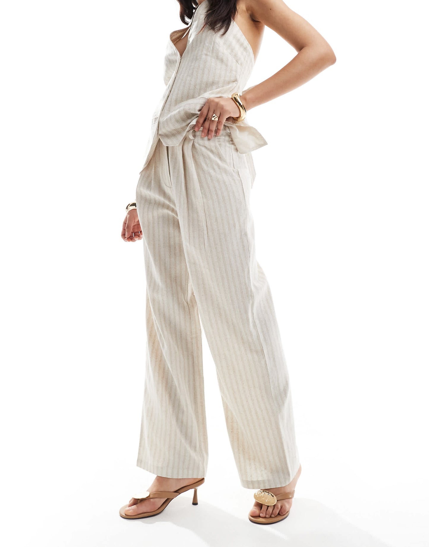 4th & Reckless linen blend high waisted wide leg trousers co-ord in beige stripe