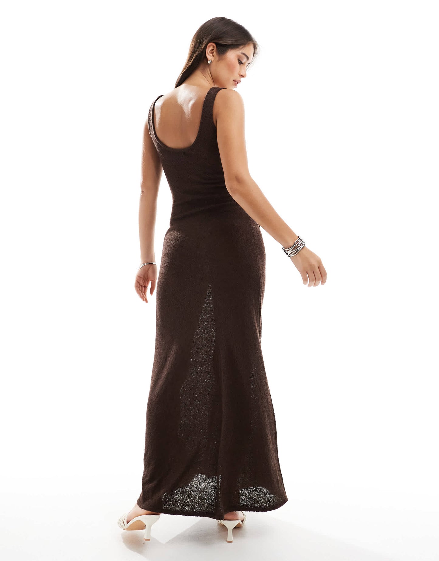 4th & Reckless knitted crochet flower detail maxi dress in brown