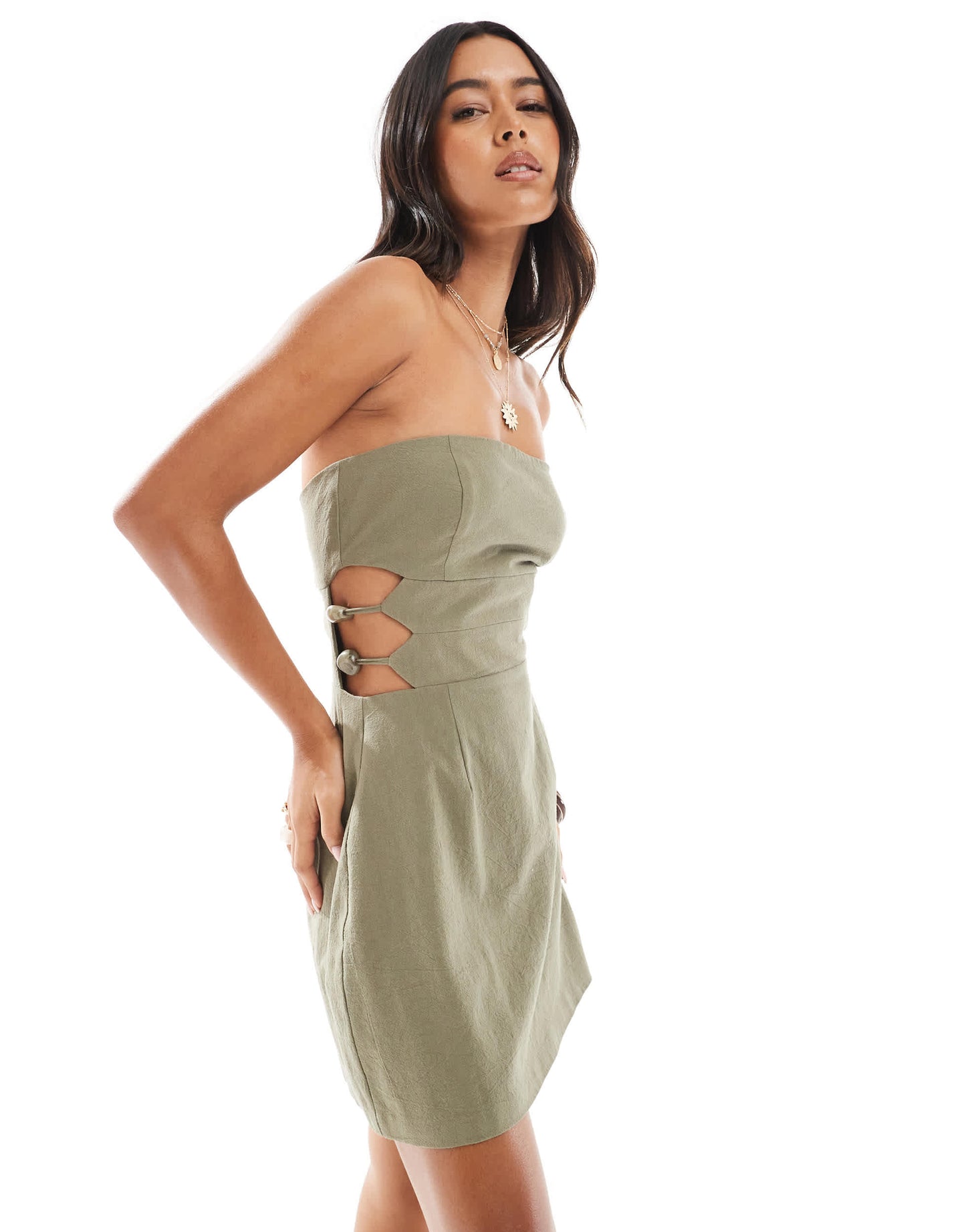 4th & Reckless exclusive linen look cotton bandeau cut out bead detail mini dress in olive