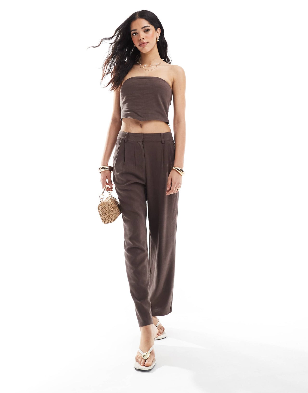 4th & Reckless linen blend bandeau scarf top co-ord in brown
