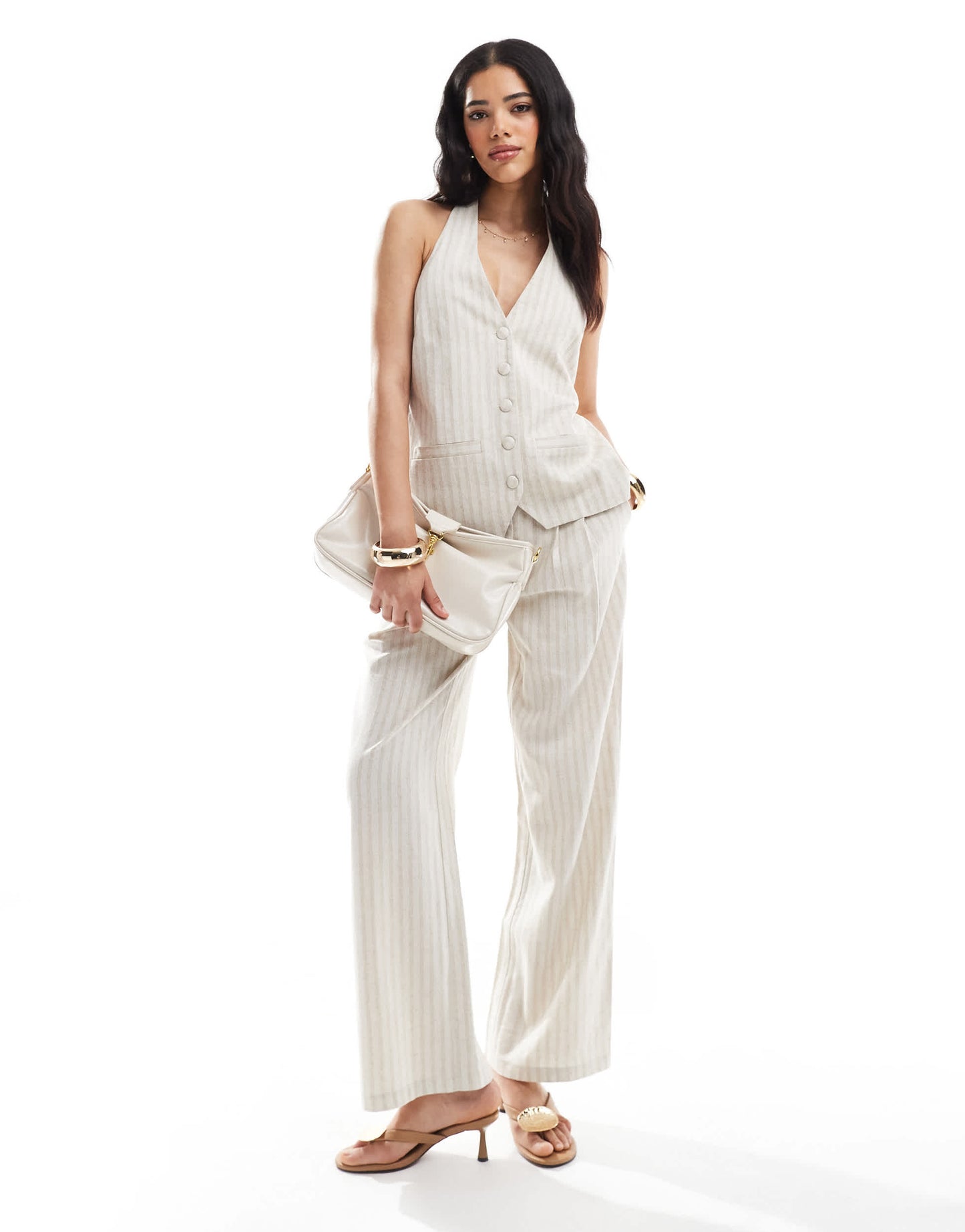4th & Reckless linen blend tailored halterneck tie back waistcoat top co-ord in beige stripe