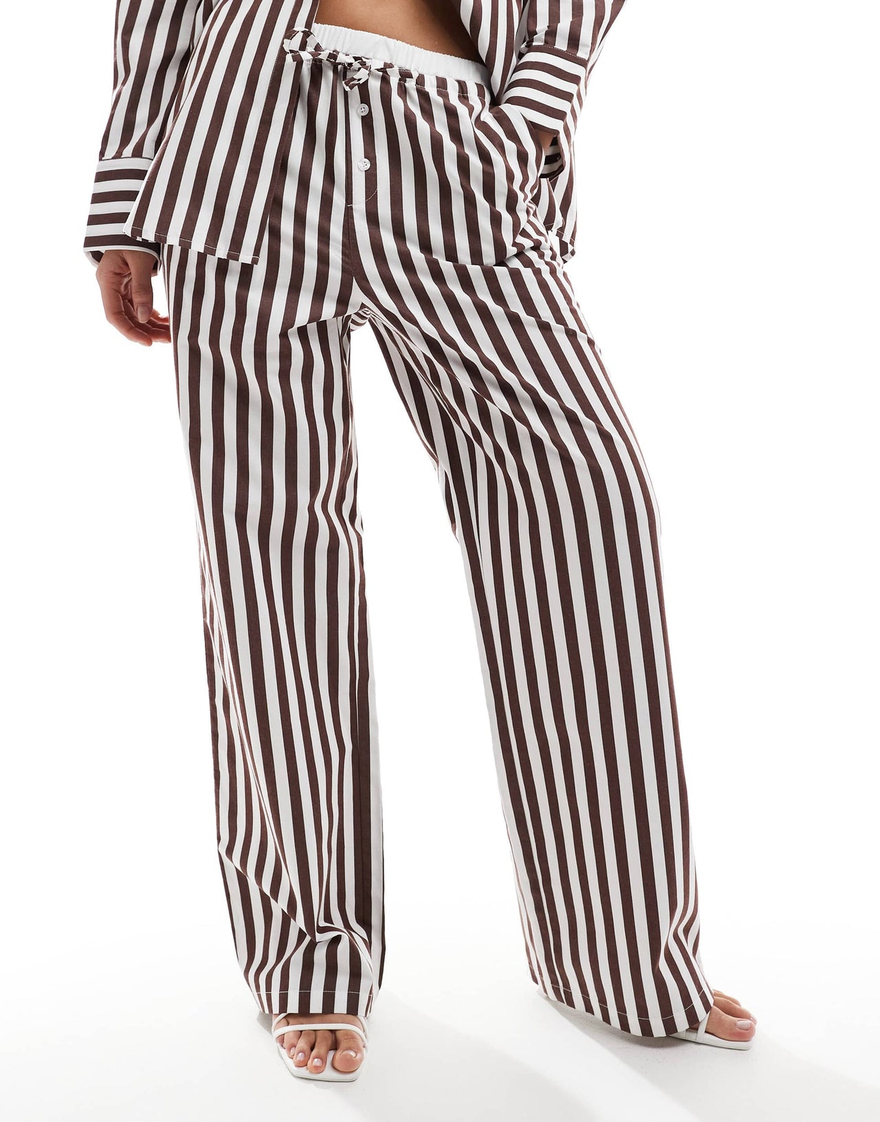 4th & Reckless cotton wide leg boxer detail tie waist trouser co-ord in brown stripe