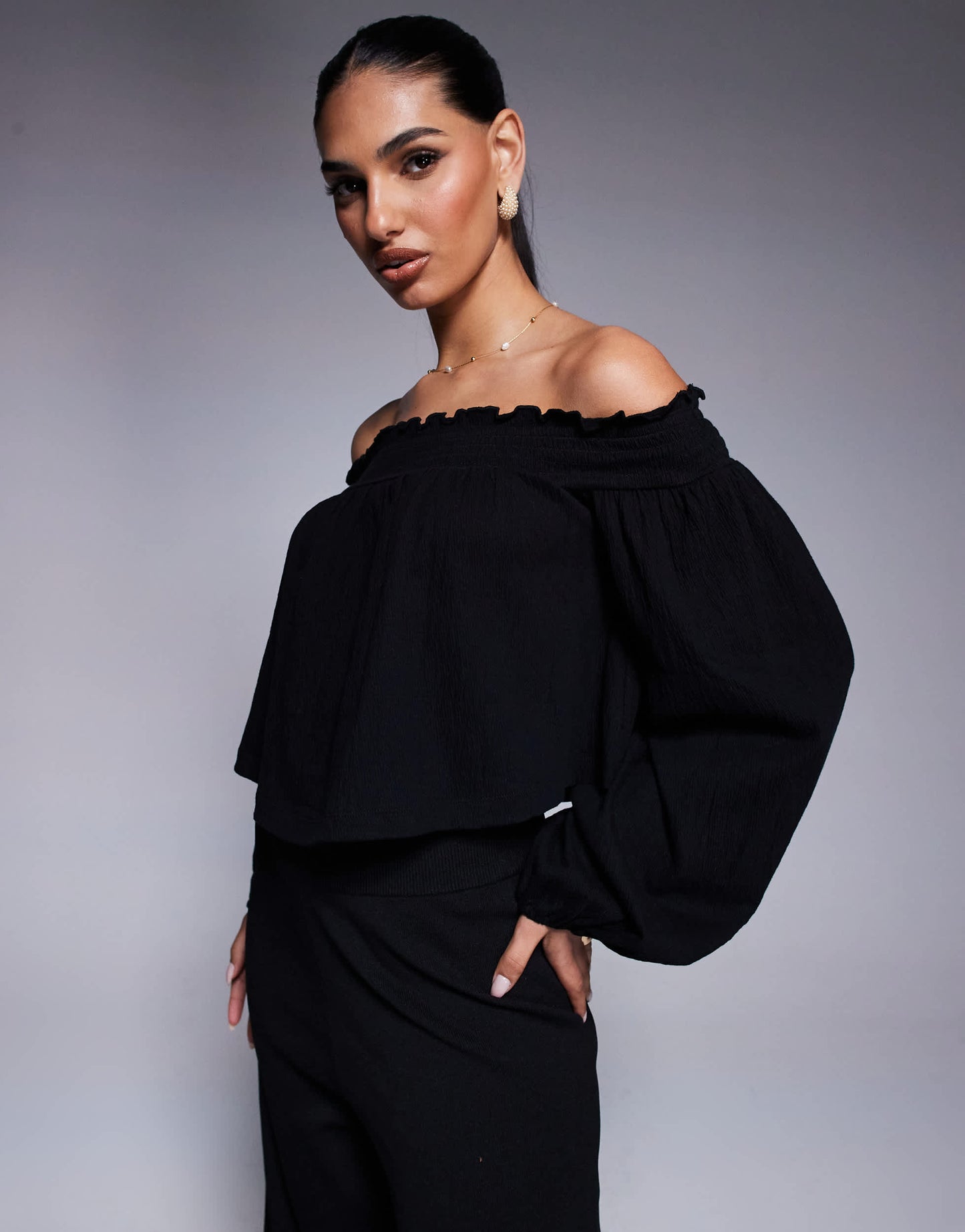 ASOS DESIGN crinkle off shoulder balloon sleeve top in black