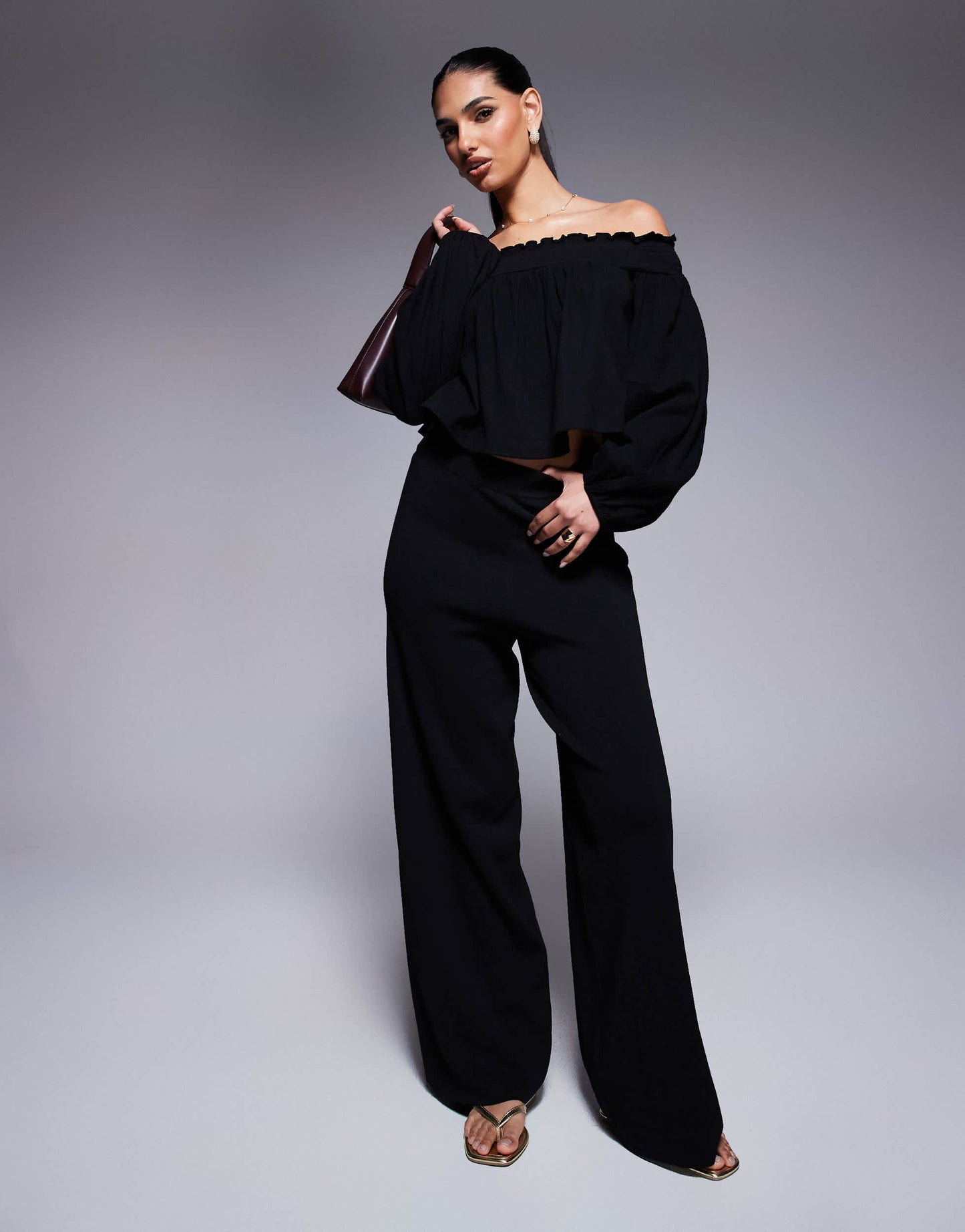ASOS DESIGN crinkle off shoulder balloon sleeve top in black