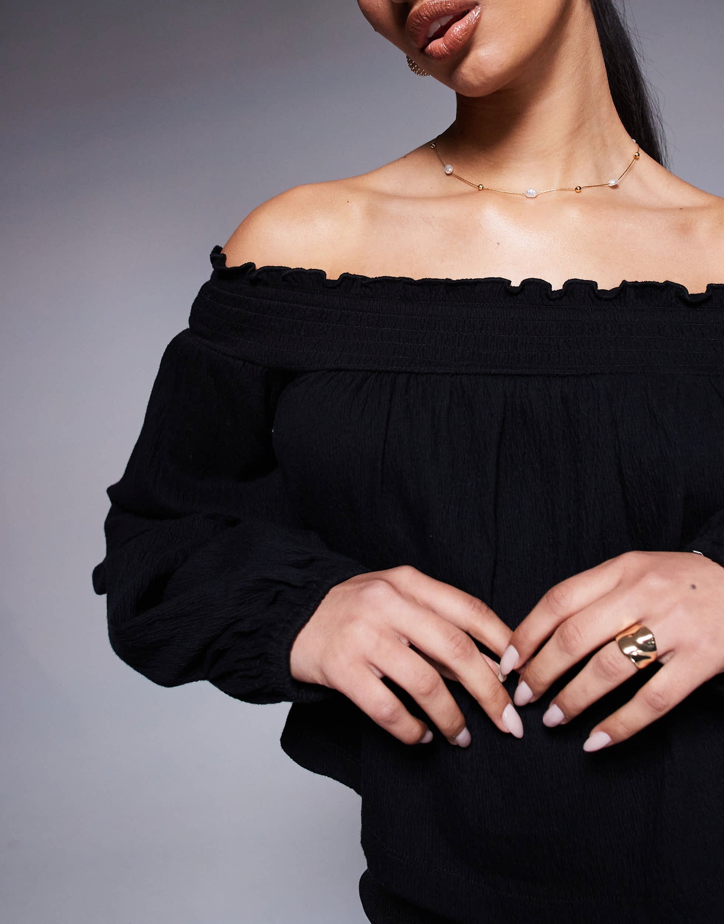 ASOS DESIGN crinkle off shoulder balloon sleeve top in black