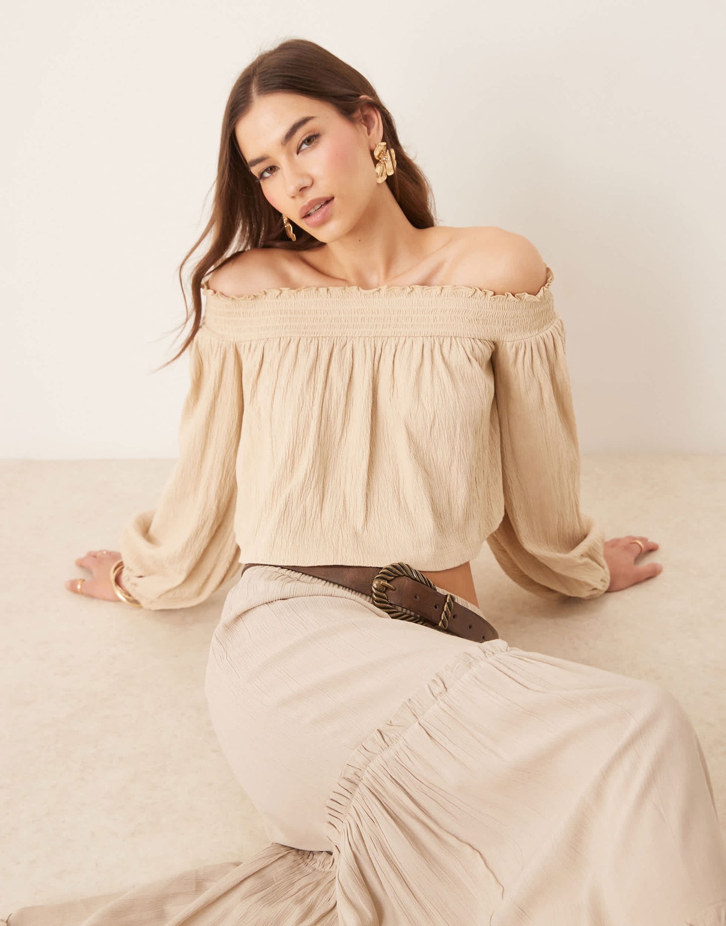 ASOS DESIGN crinkle off shoulder balloon sleeve top in stone