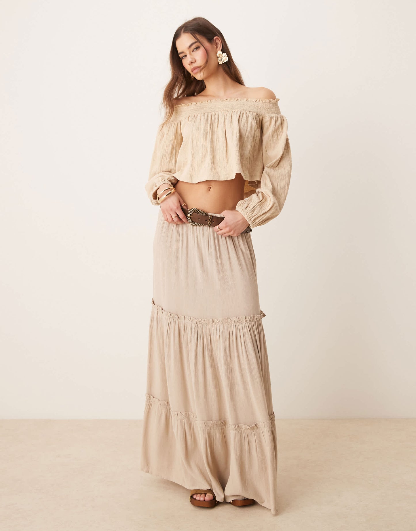 ASOS DESIGN crinkle off shoulder balloon sleeve top in stone