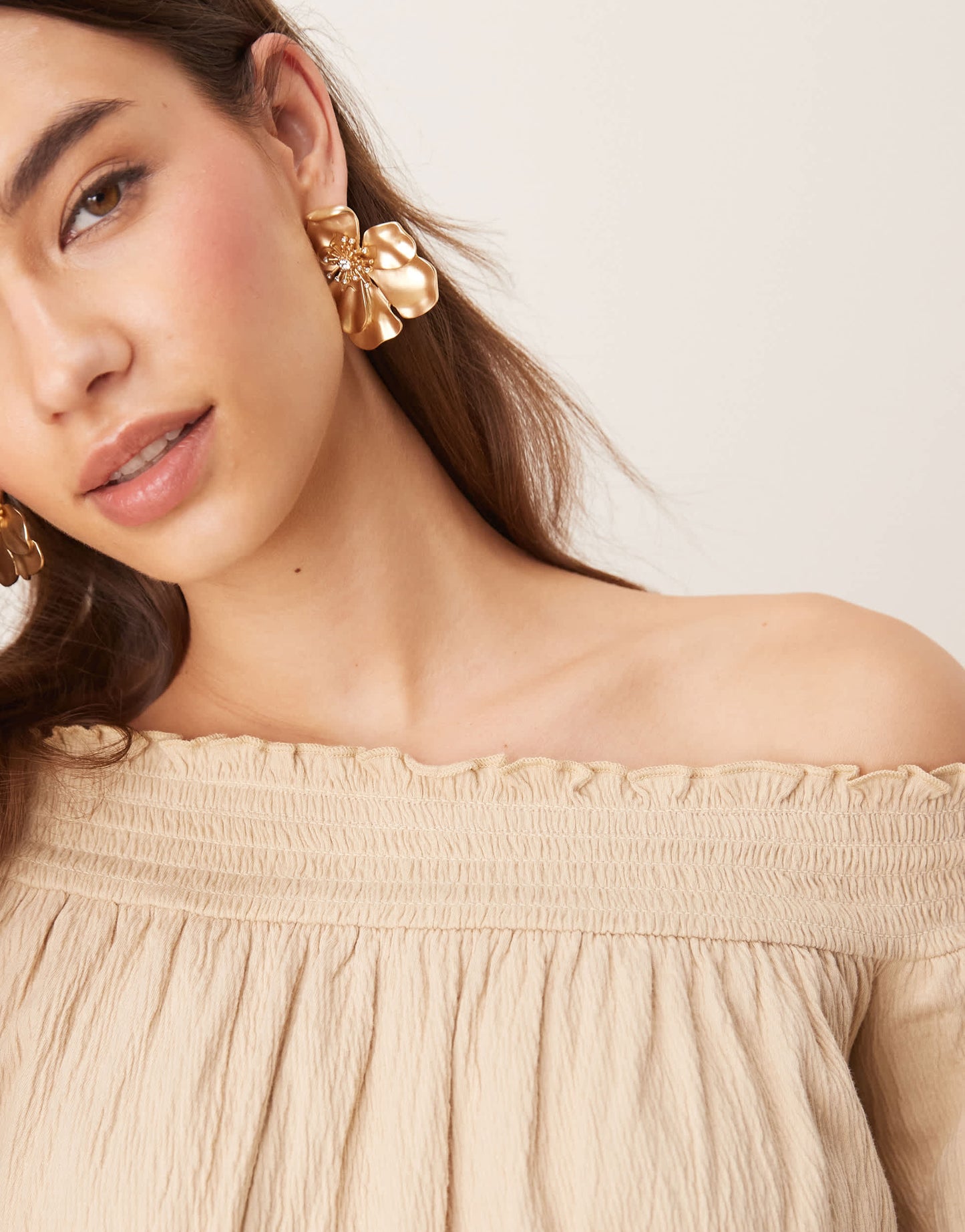 ASOS DESIGN crinkle off shoulder balloon sleeve top in stone
