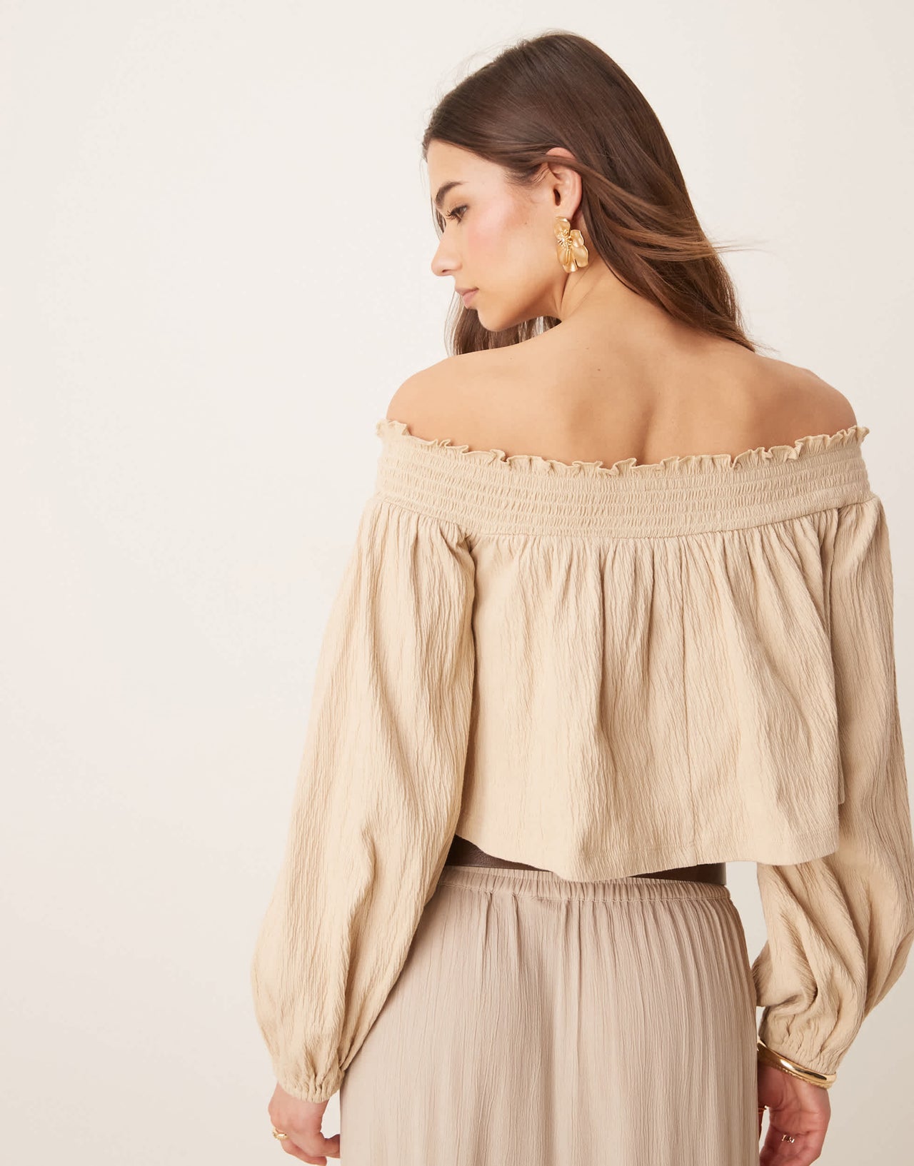 ASOS DESIGN crinkle off shoulder balloon sleeve top in stone