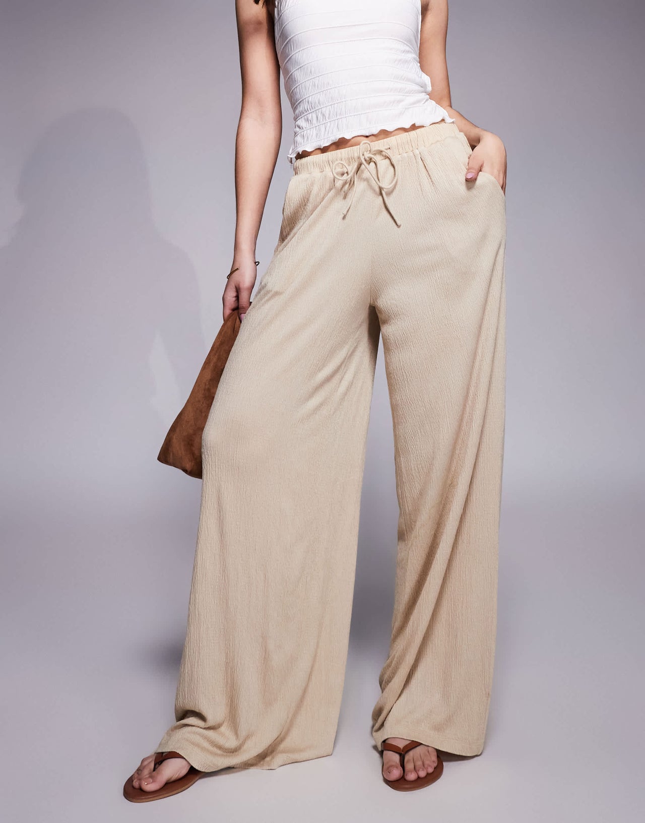 ASOS DESIGN crinkle tie waist wide leg trouser co ord in stone