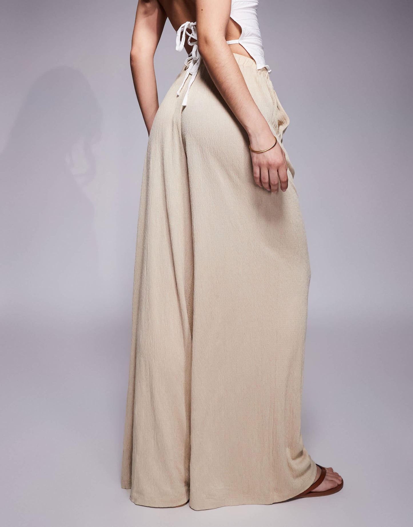 ASOS DESIGN crinkle tie waist wide leg trouser co ord in stone