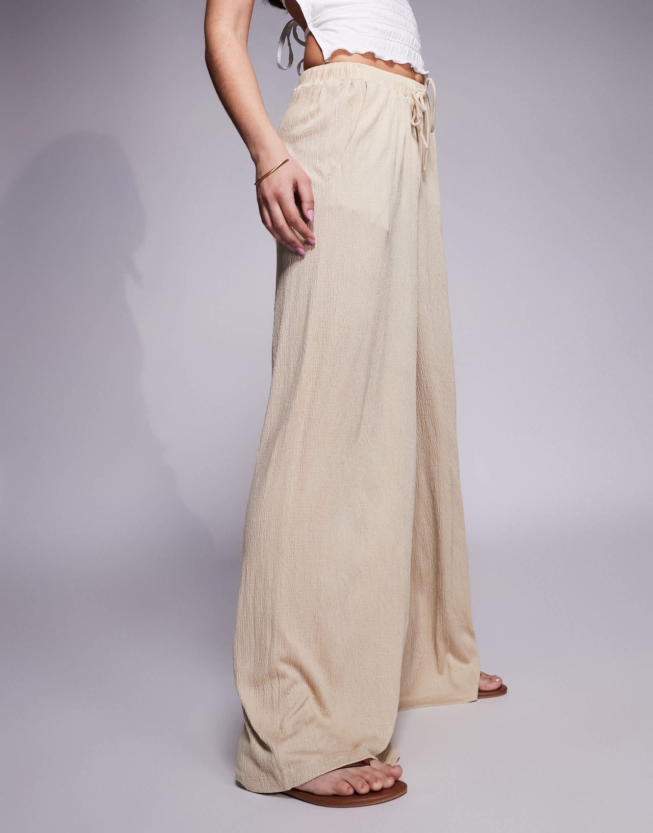 ASOS DESIGN crinkle tie waist wide leg trouser co ord in stone