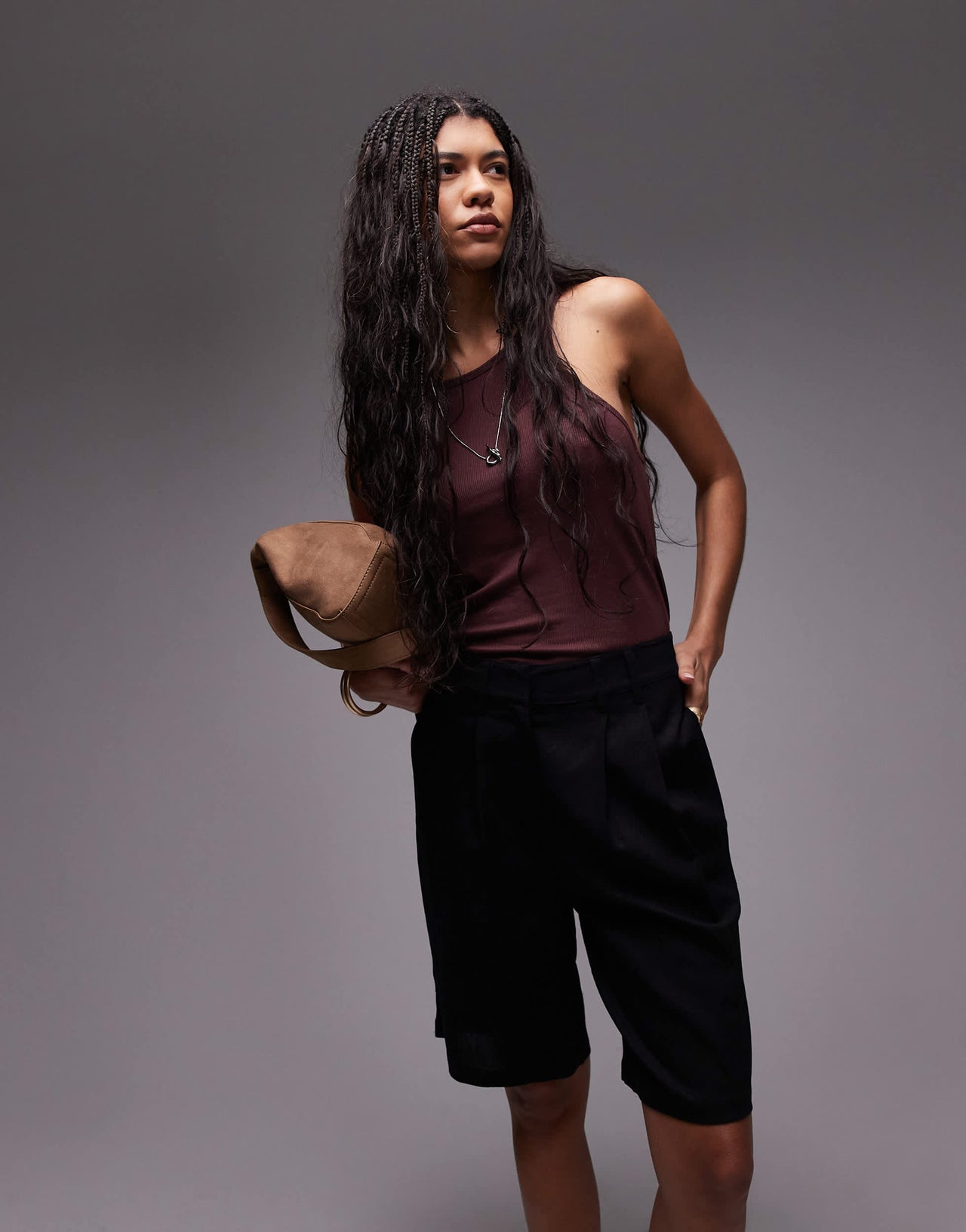 Topshop linen longline short in black