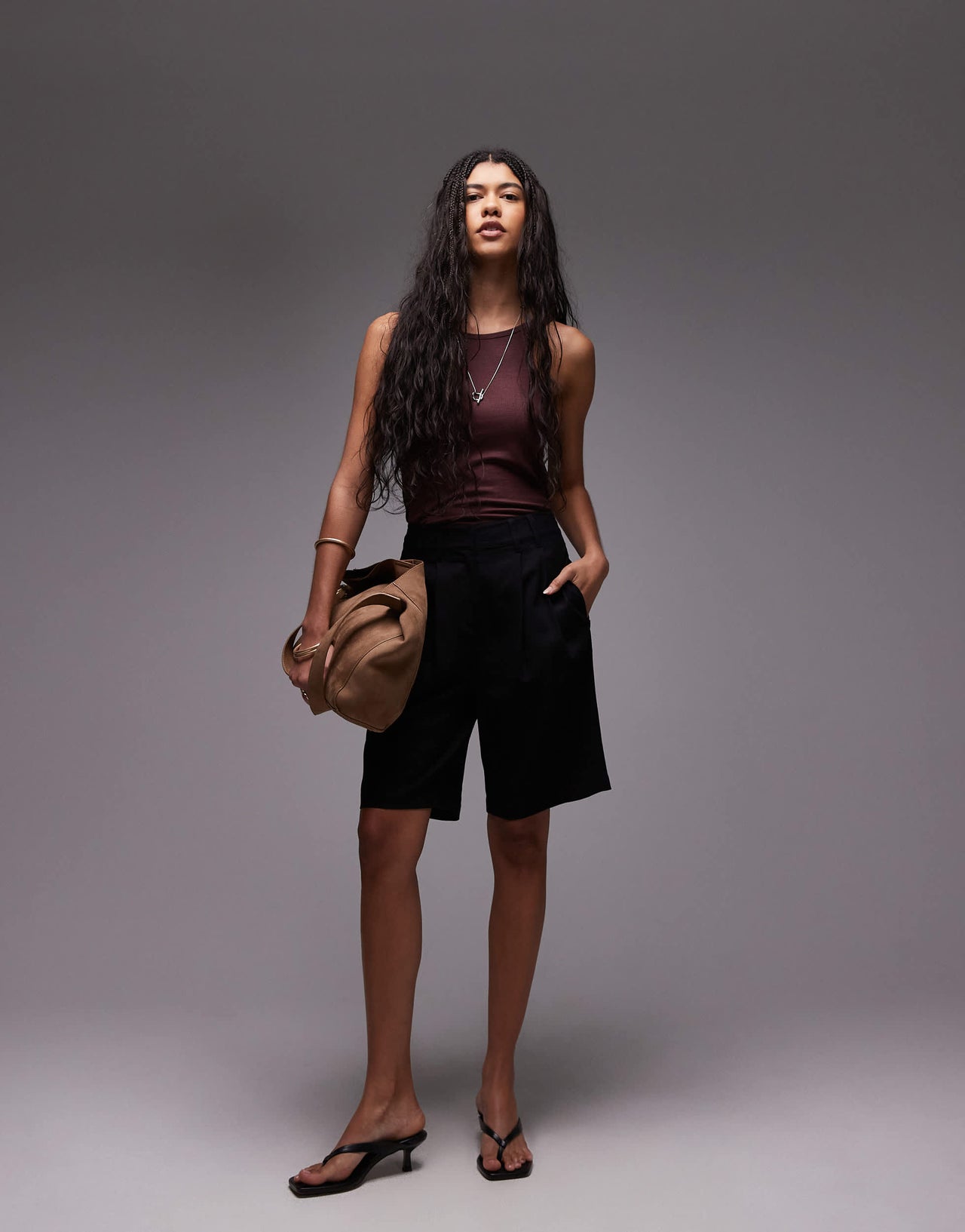 Topshop linen longline short in black