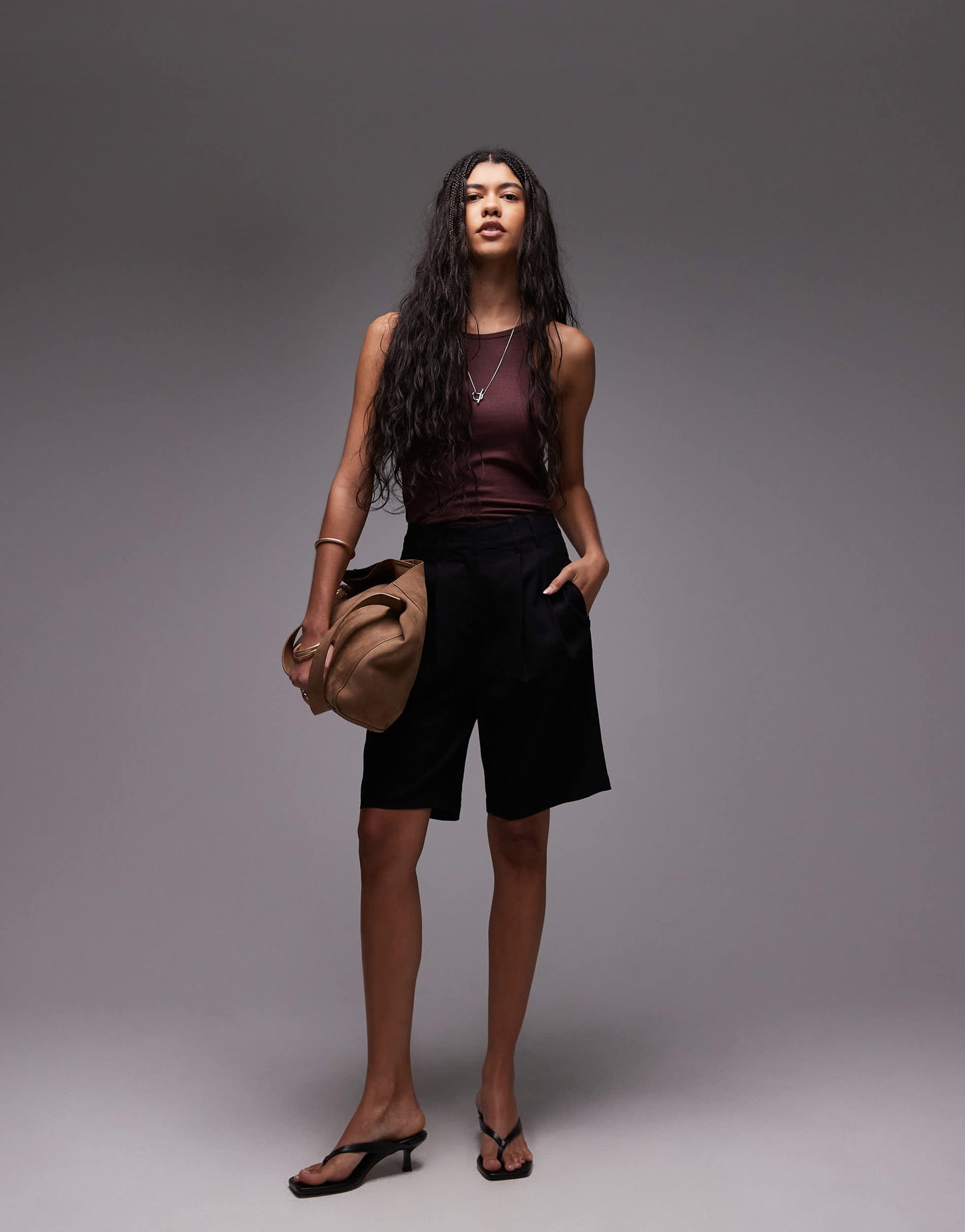 Topshop linen longline short in black