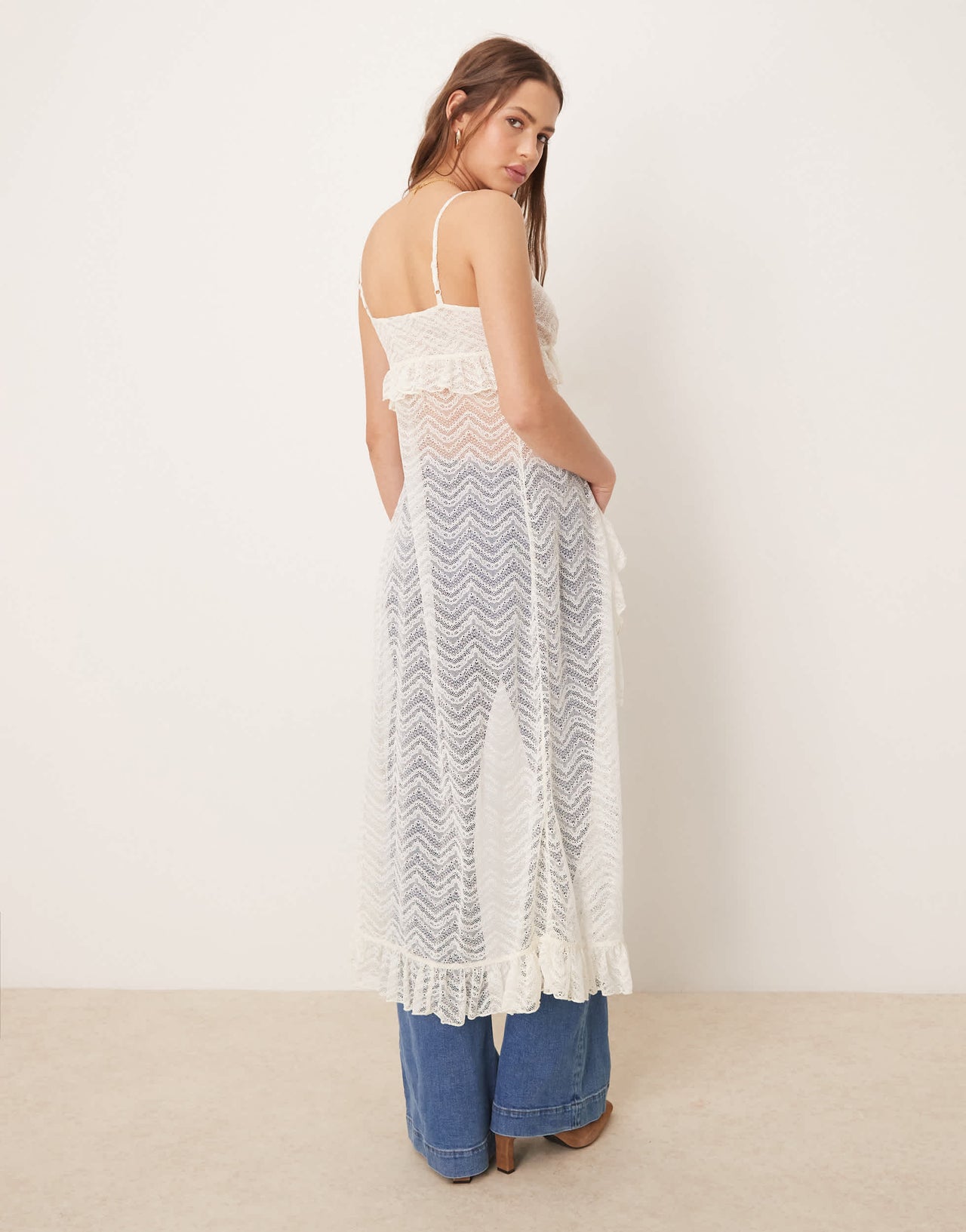 ASOS DESIGN longline split front sheer lace ruffle cami top in white