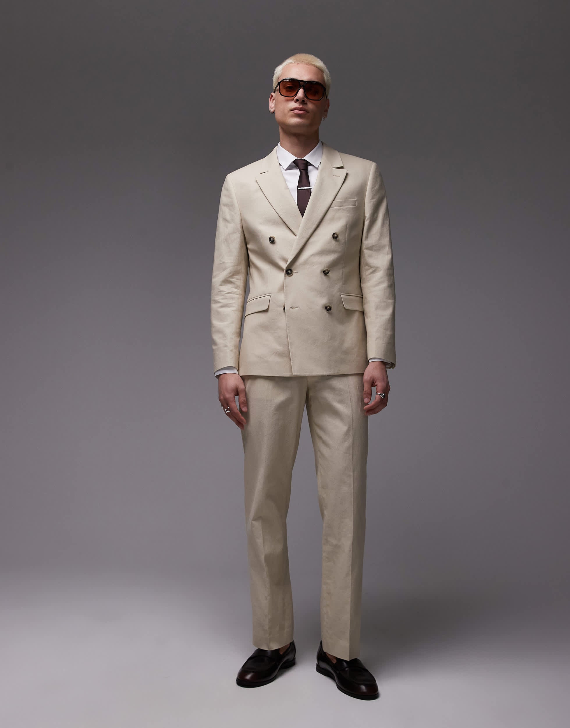 Topman straight linen blend suit trousers in stone