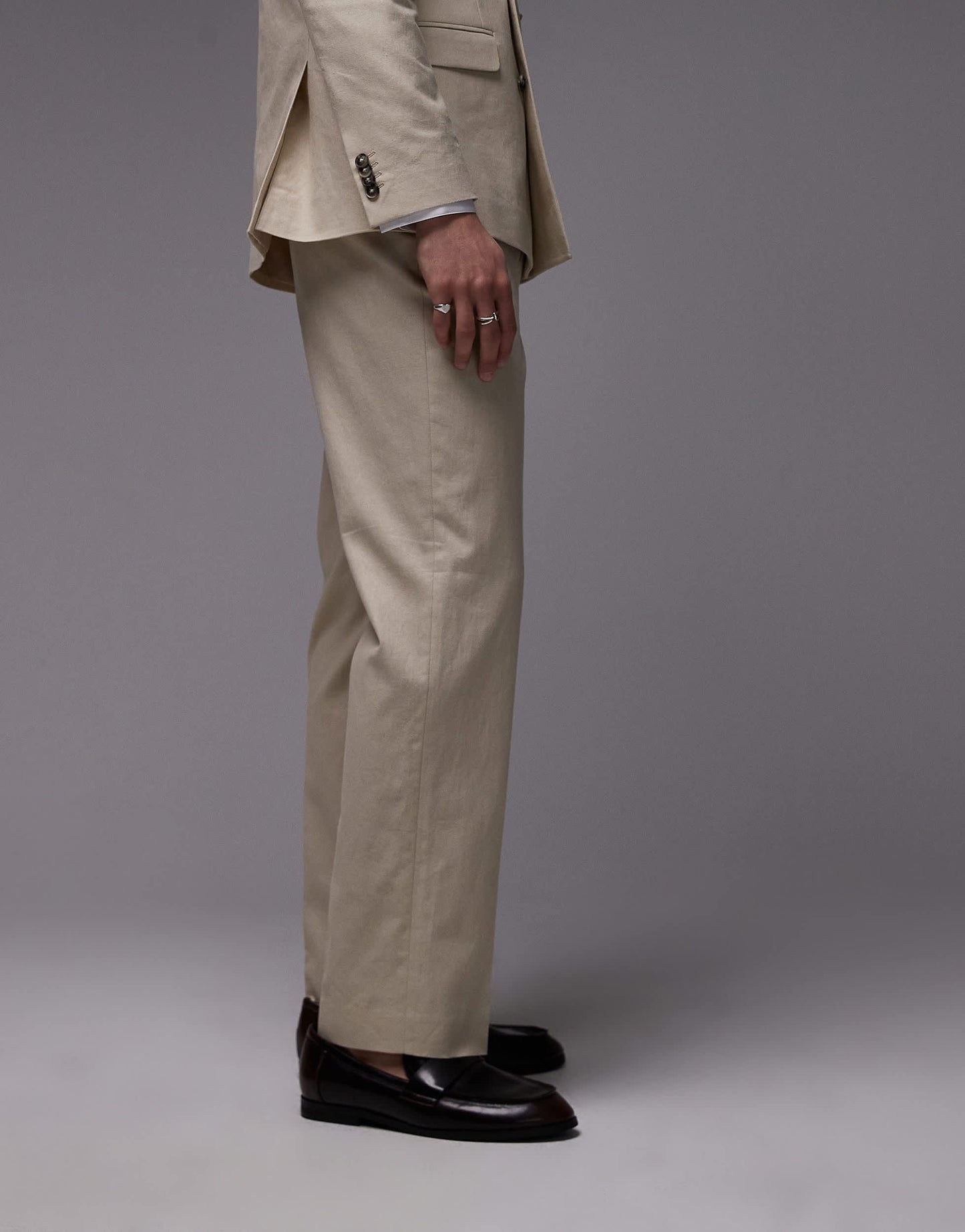Topman straight linen blend suit trousers in stone